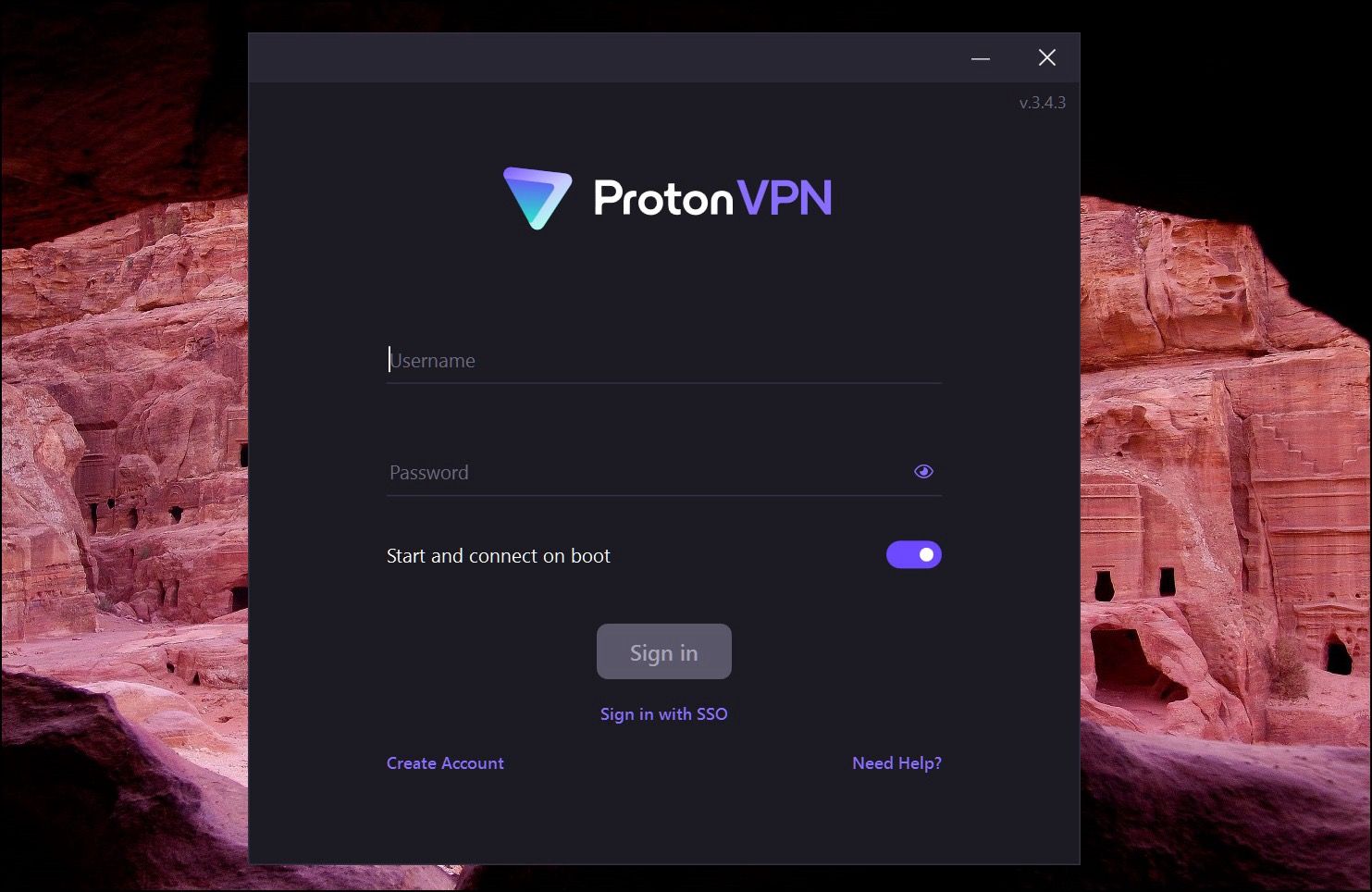 Página de login do Proton VPN no Windows