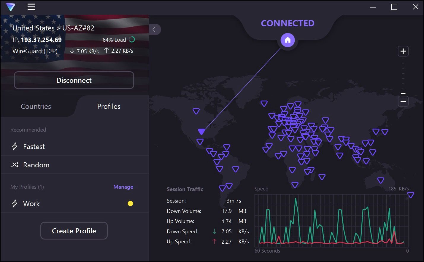 Menu de perfis no Proton VPN