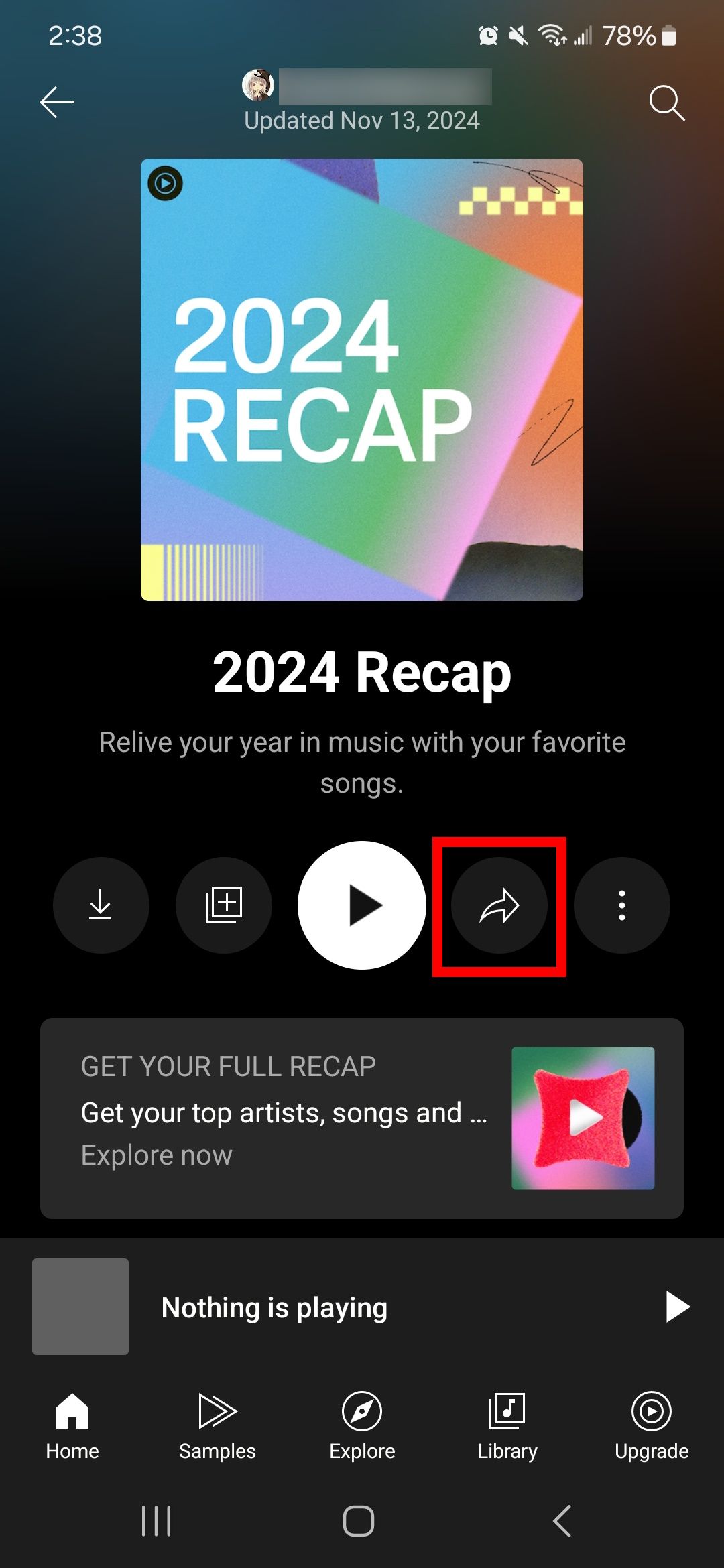 Contorno de retângulo vermelho destacando o botão Compartilhar em 2024 Recap no aplicativo YouTube Music