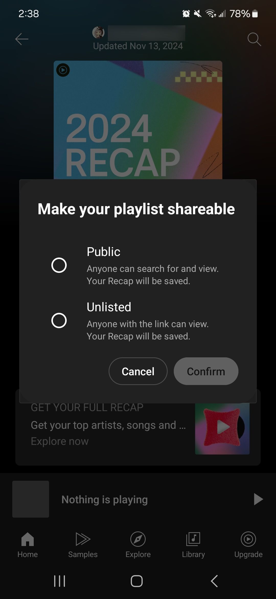 Torne sua playlist compartilhável com duas opções públicas e não listadas com botões cancelar e confirmar