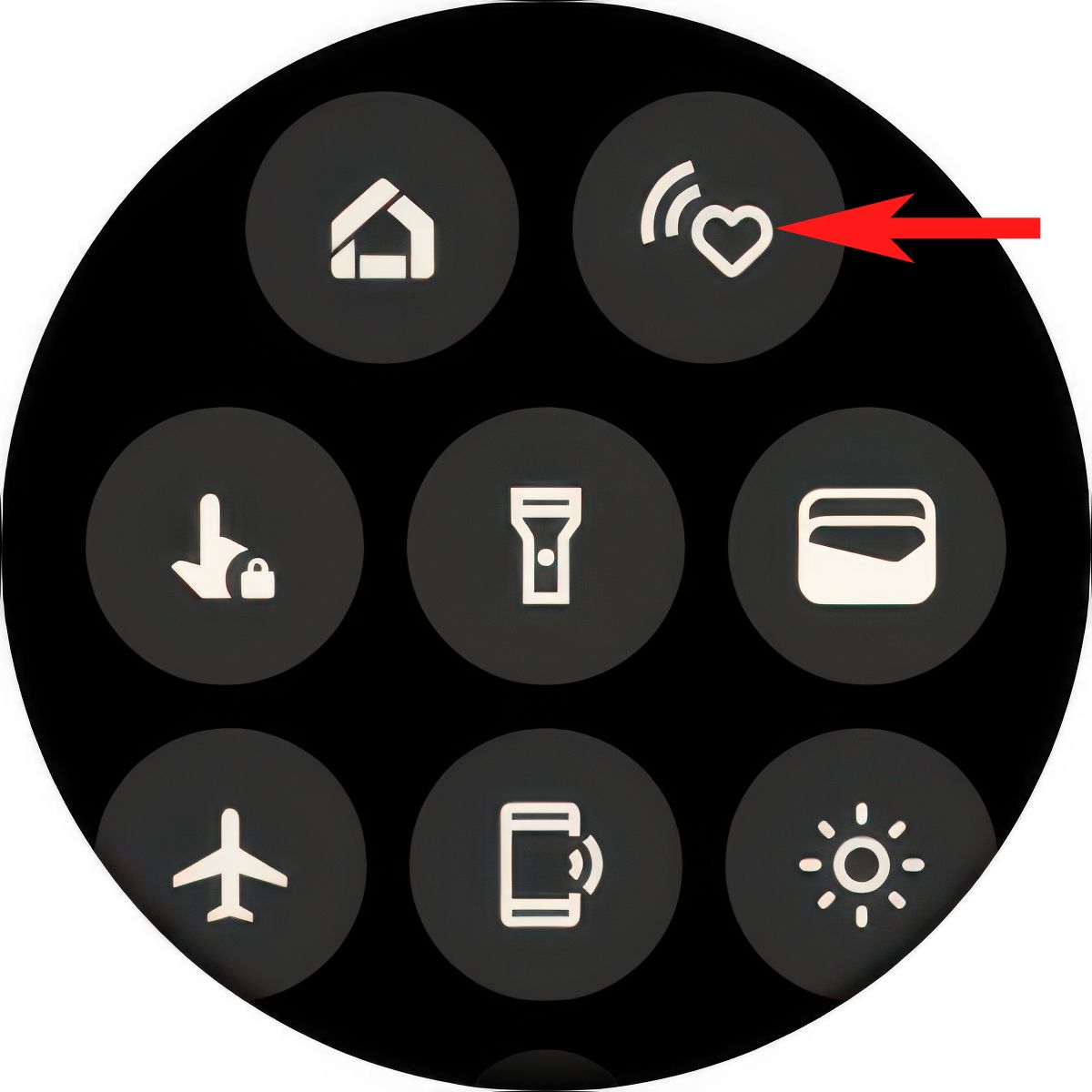 Uma captura de tela do menu de configurações rápidas do Pixel Watch 3 com uma seta vermelha apontando para a opção Connected Fitness.