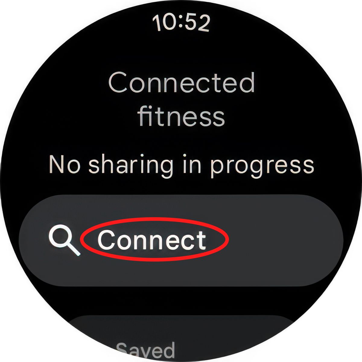 Uma captura de tela do menu Pixel Watch 3 Connected Fitness com um círculo vermelho ao redor da opção Conectar.