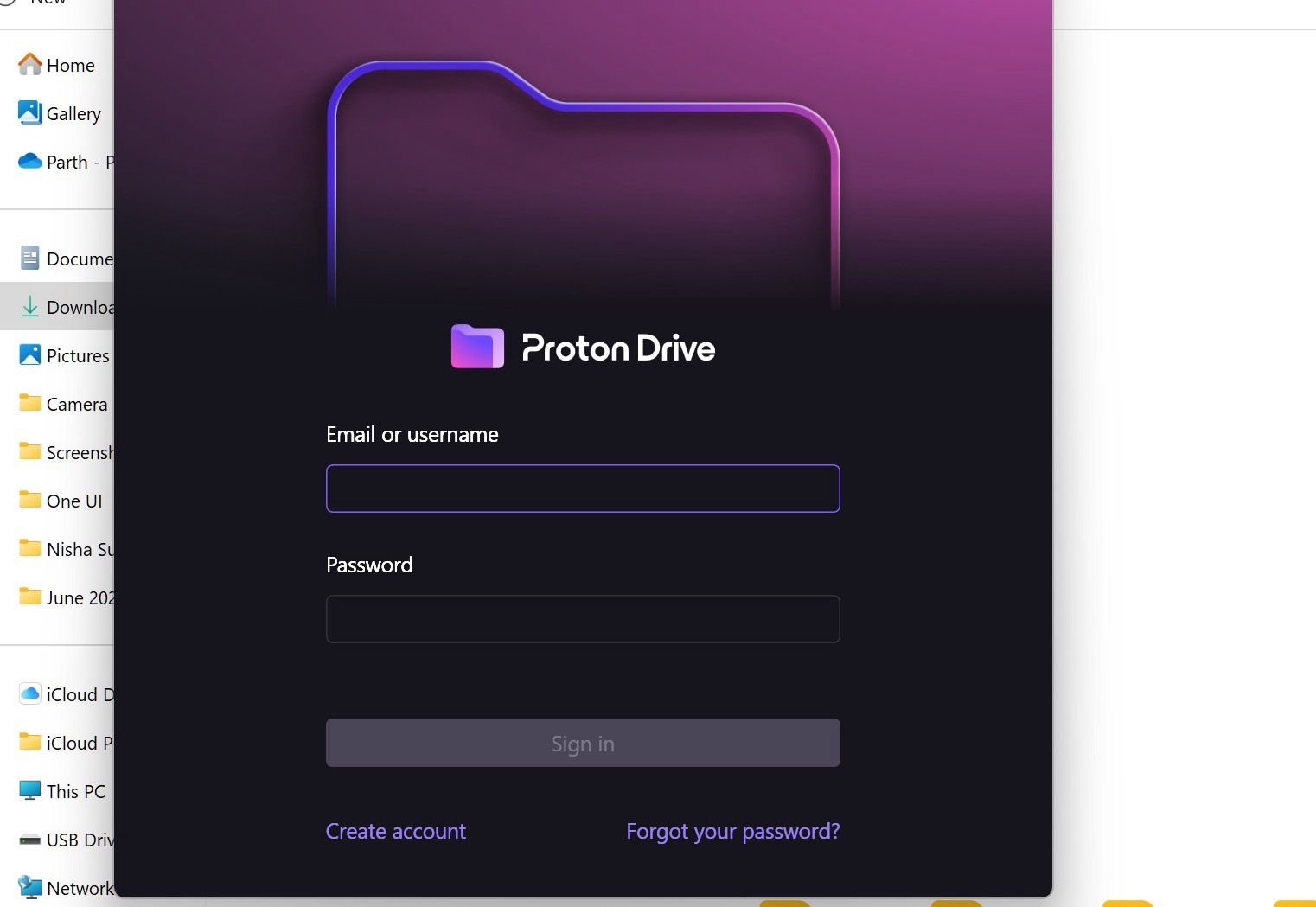 Faça login com os detalhes da conta Proton