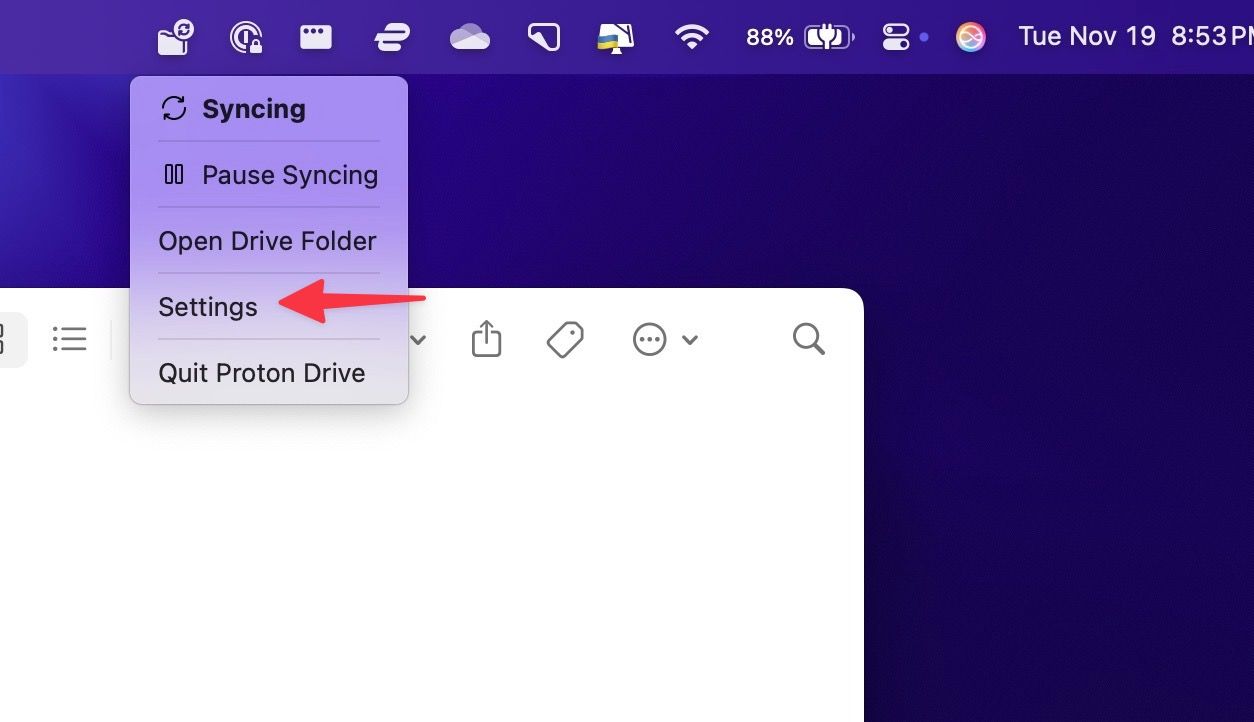 Abra as configurações do Proton Drive no Mac