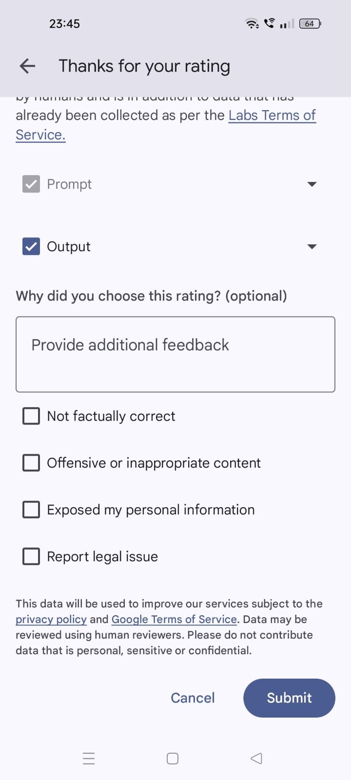 Captura de tela do formulário de feedback no Google Keep