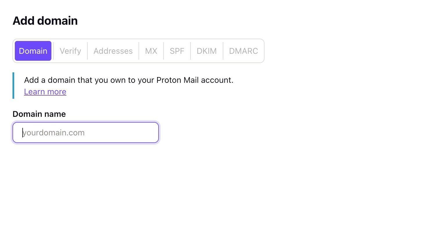 processo de configuração de um domínio personalizado para Proton Mail