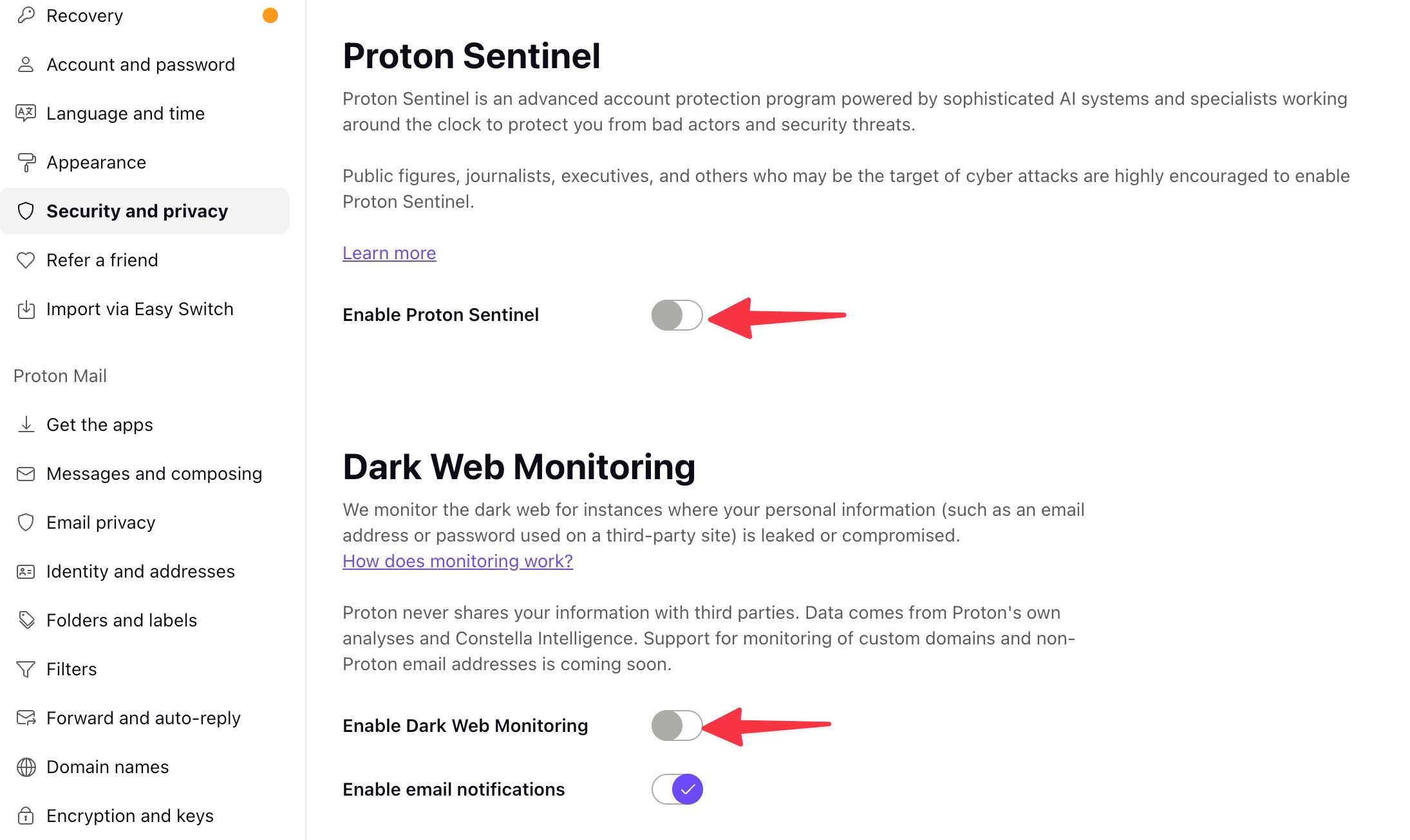 Habilite o monitoramento da dark web no Proton Mail