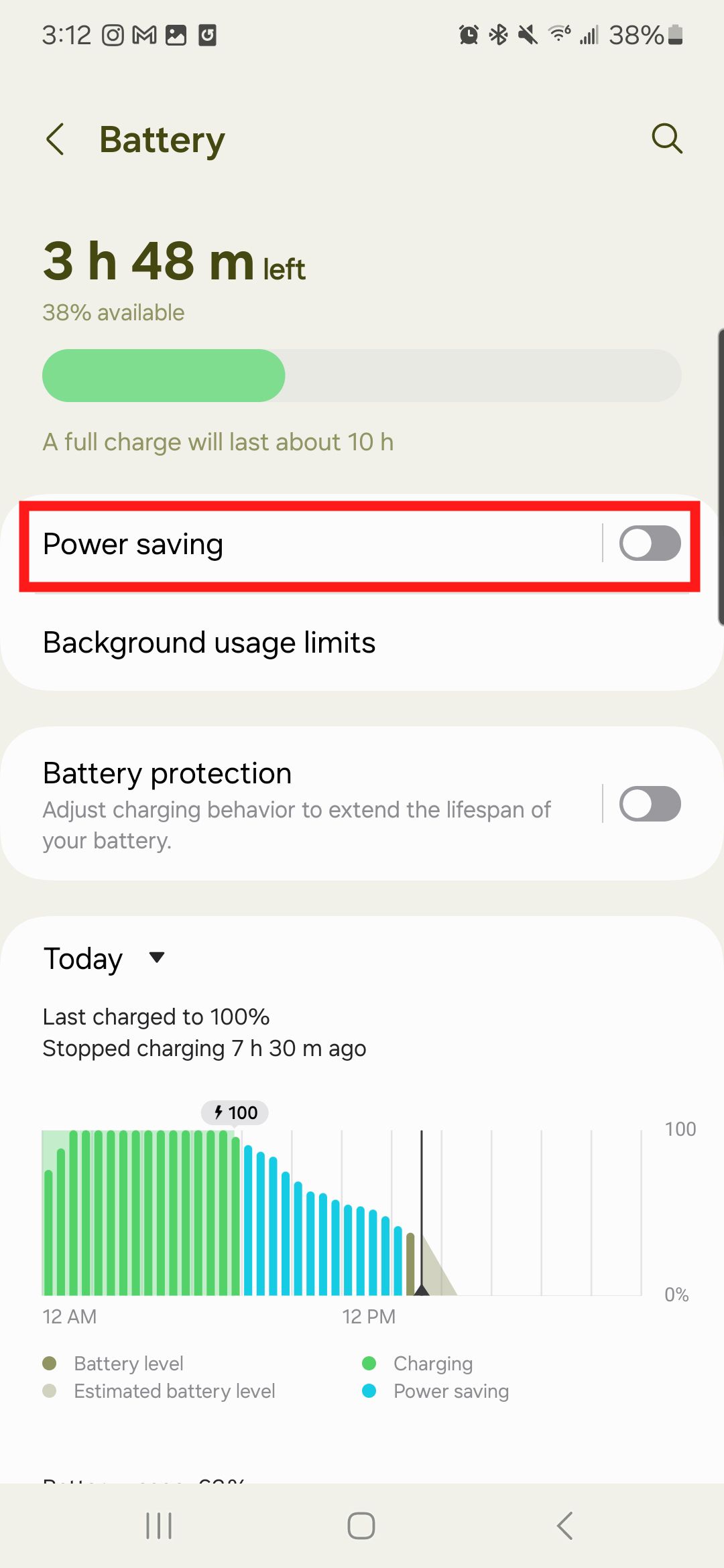 Uma captura de tela do menu de configurações da bateria do Samsung Galaxy S22 com uma caixa vermelha ao redor de Economia de energia. 