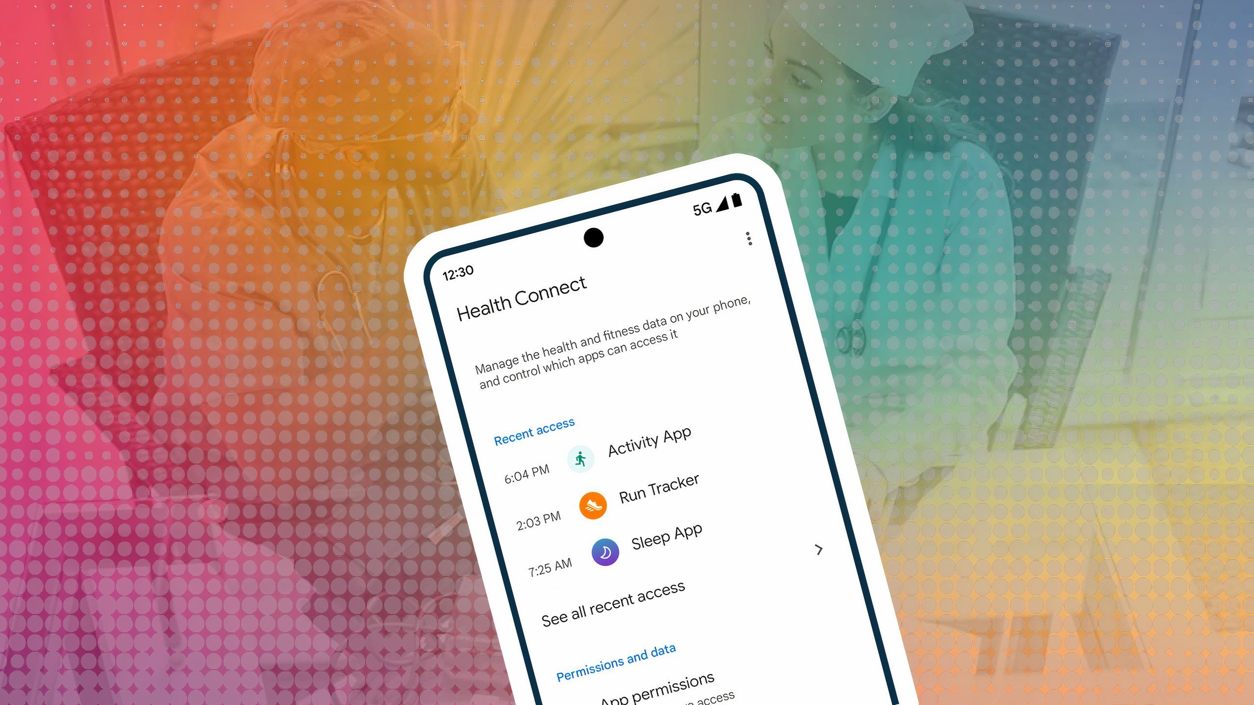 O app Google Health Connect mostrando acessos e permissões recentes