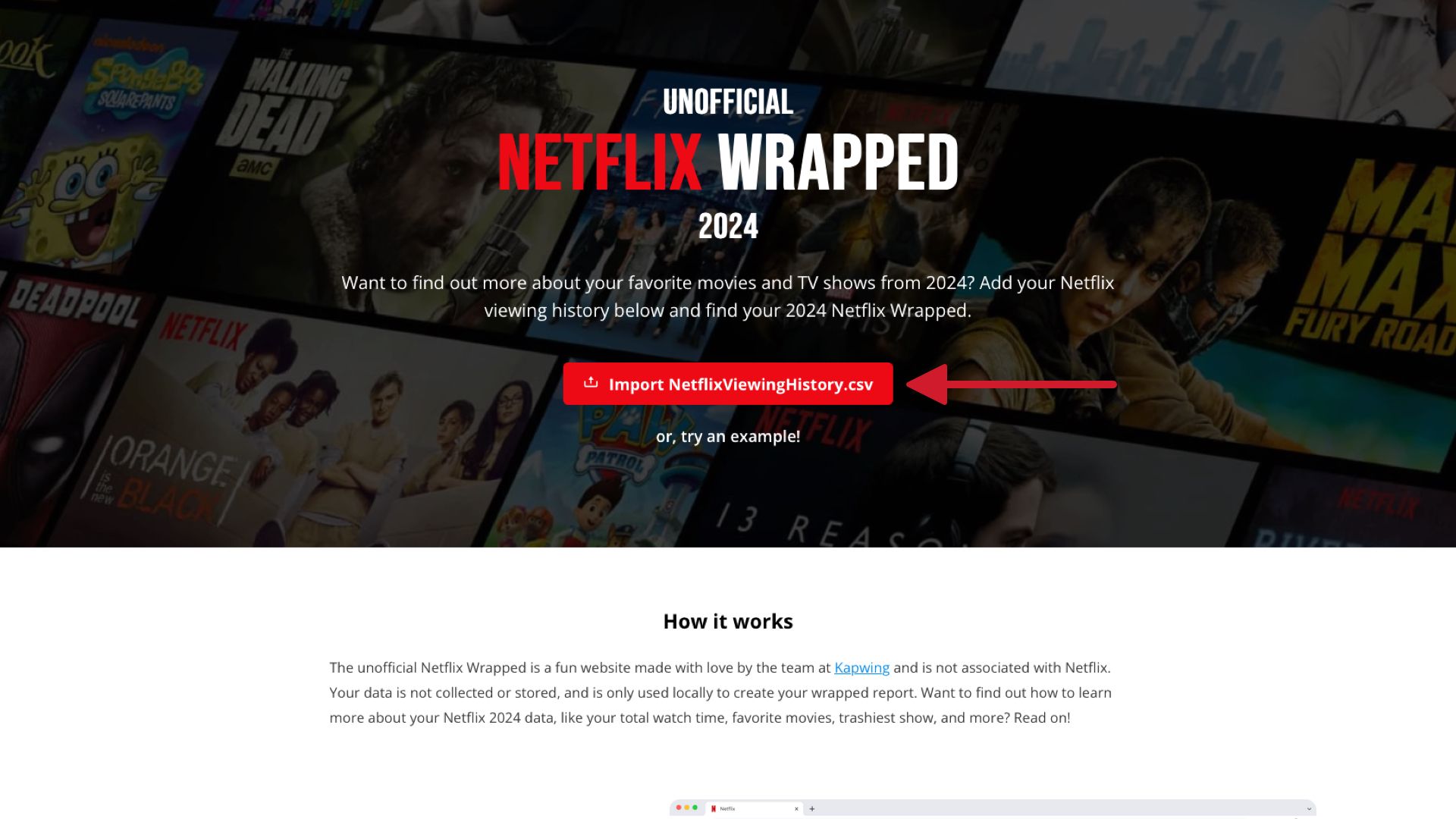 Página embrulhada da Netflix com um botão para fazer upload do arquivo de histórico de visualização