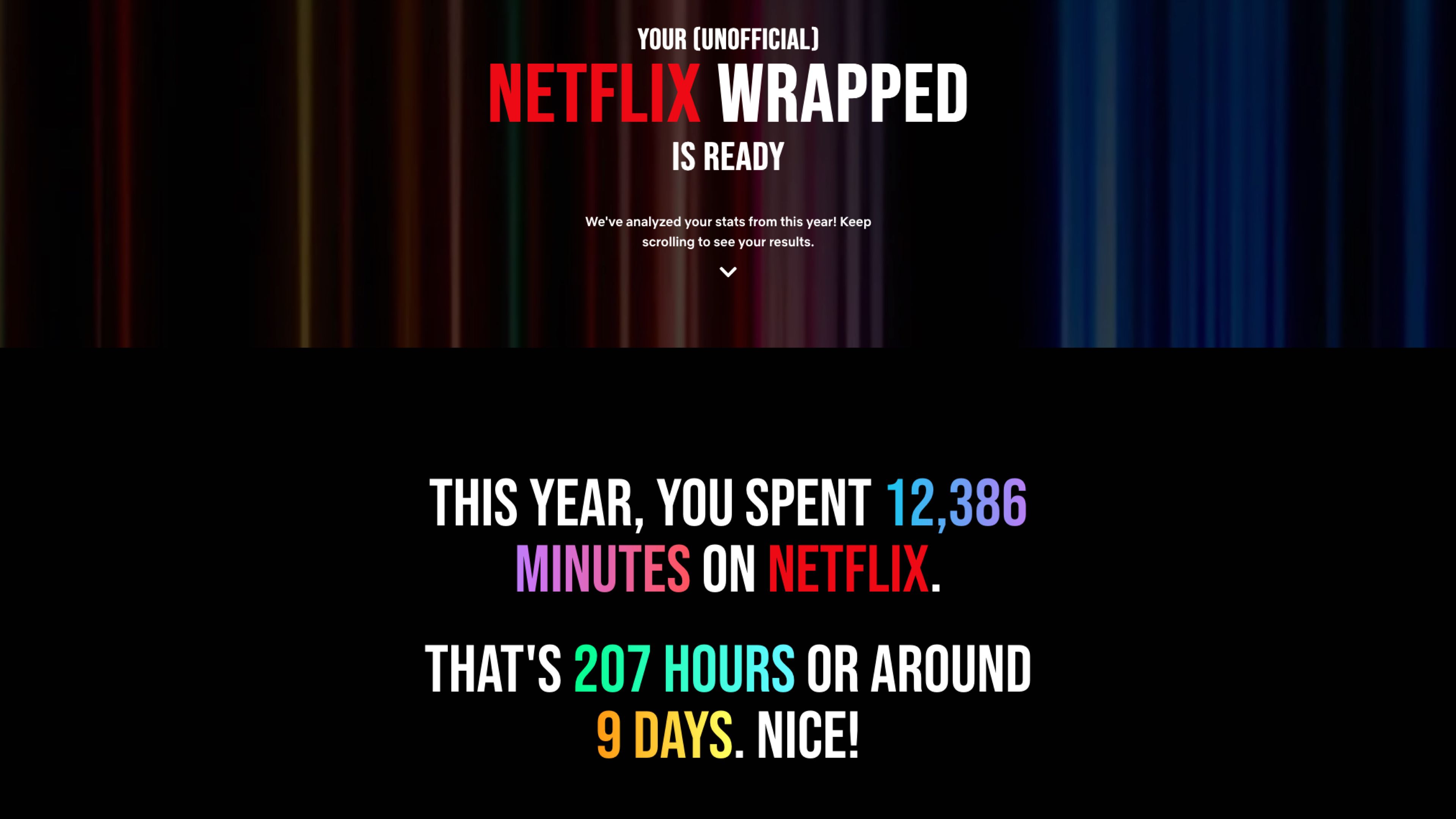 Resumo não oficial da Netflix mostrando o total de minutos assistidos em 2024