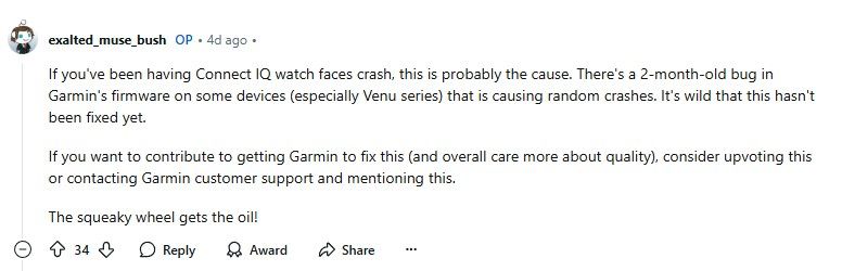 Uma postagem do Reddit onde alguém está chamando a Garmin por causa do mostrador do relógio travar.