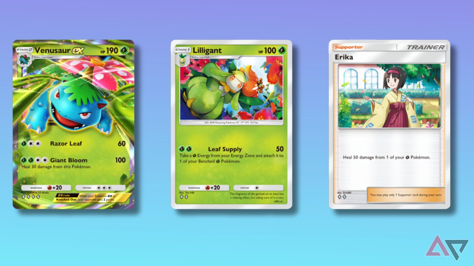 três cartas de Pokémon em fundo gradiente azul