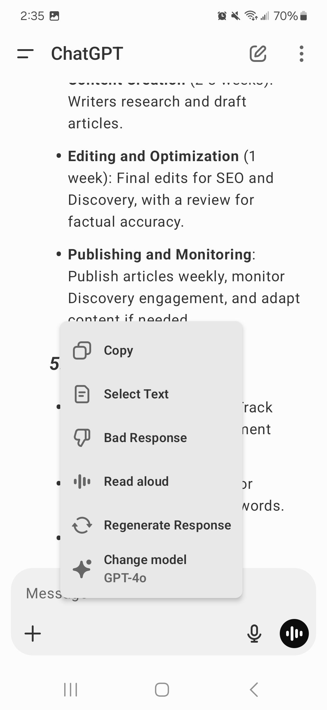 Exibição de submenu nos aplicativos móveis ChatGPT mostrando copiar, selecionar texto, resposta incorreta, ler em voz alta, regenerar resposta e alterar modelo