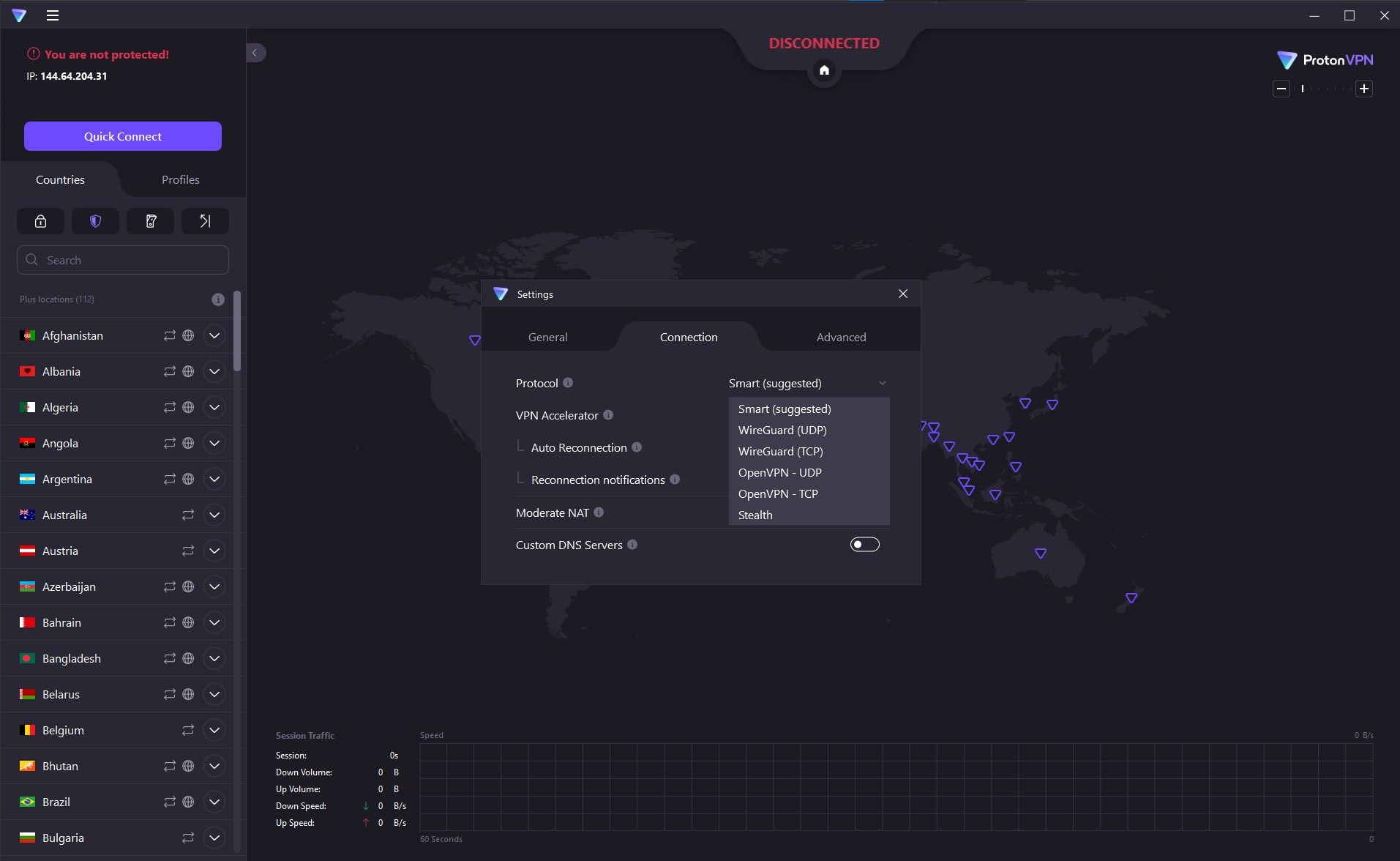 Uma captura de tela do cliente Proton VPN para Windows exibindo os protocolos disponíveis