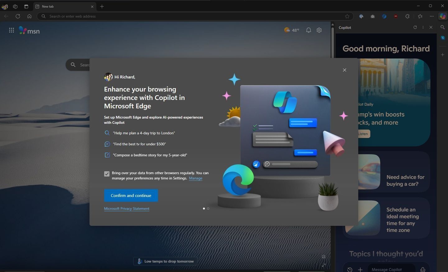 Pop-up do Microsoft Edge com botão pré-marcado para copiar dados do Chrome