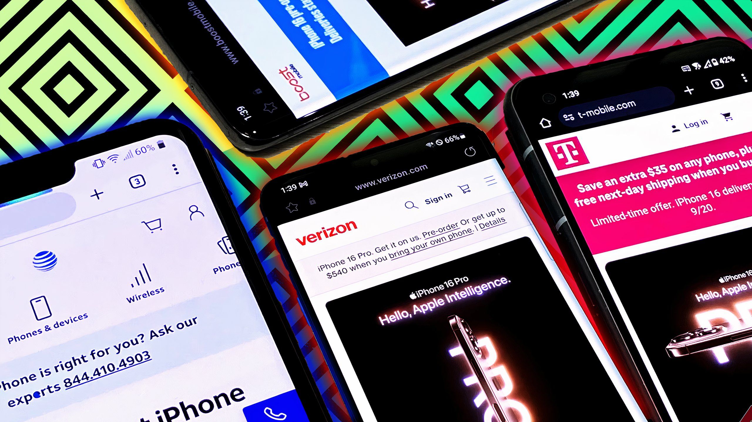 Três telefones com telas iniciais da ATT, Verizon e T-Mobile em foco