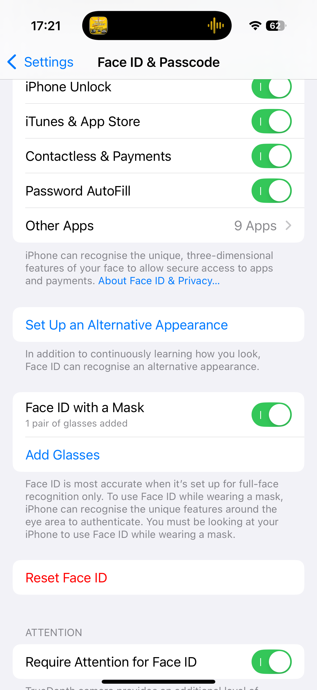 Uma captura de tela do menu iOS Face ID com modo de máscara