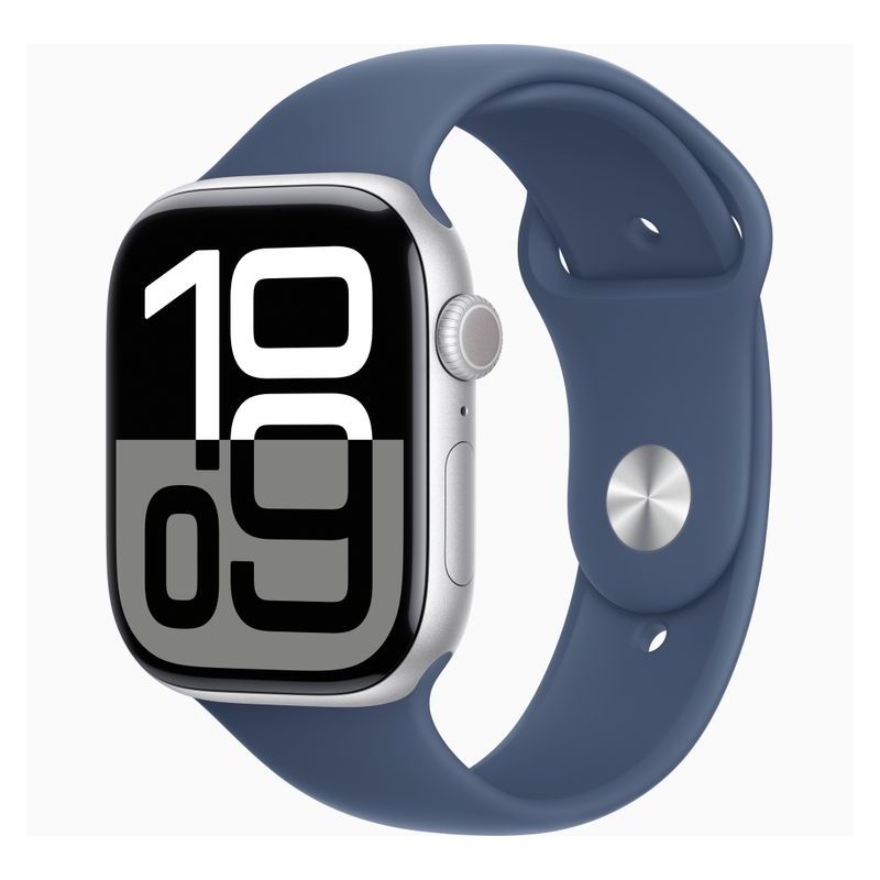 Apple Watch Series 10 em prata com faixa azul sobre fundo branco.