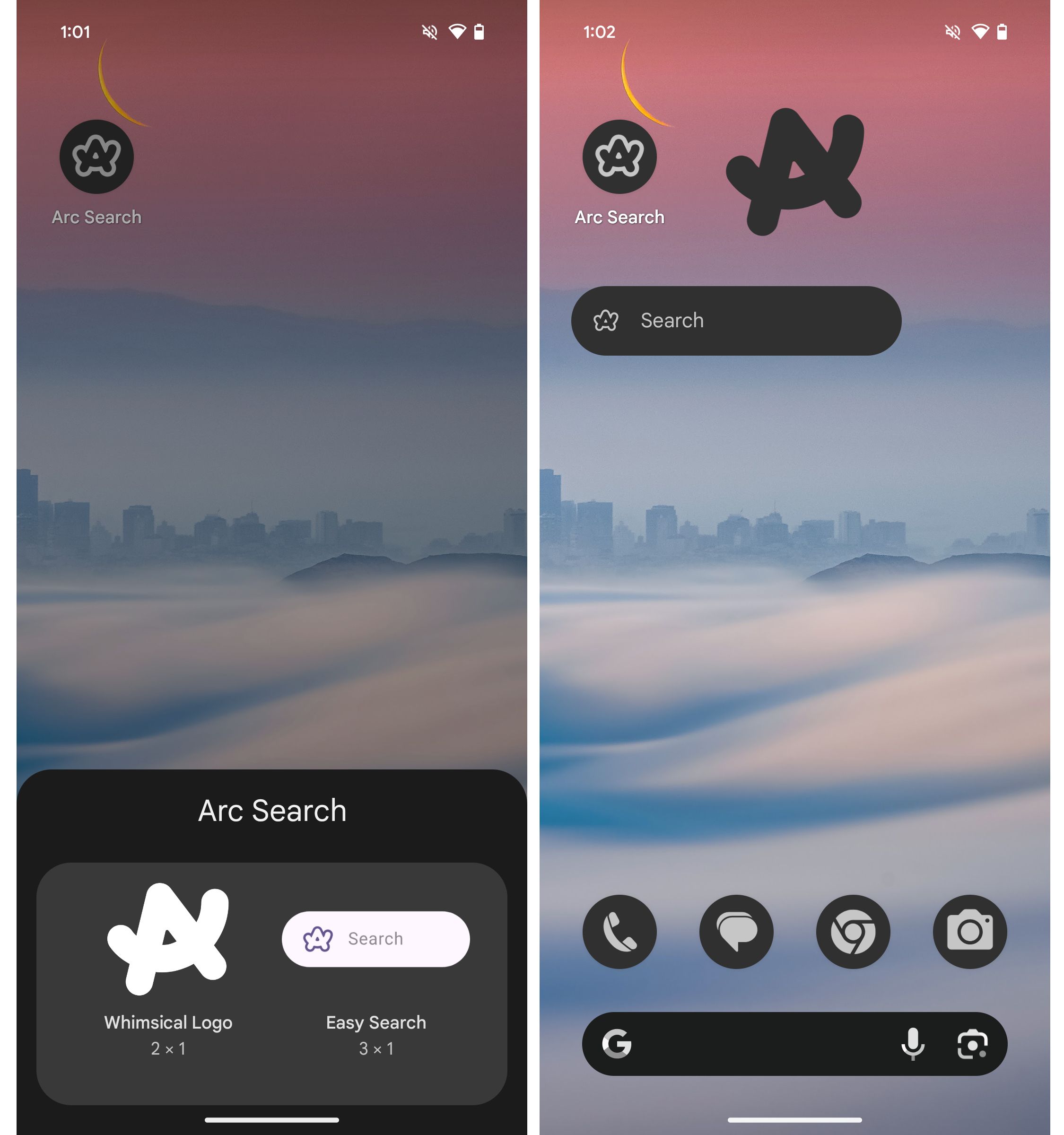Capturas de tela dos widgets do Arc Search no Android.
