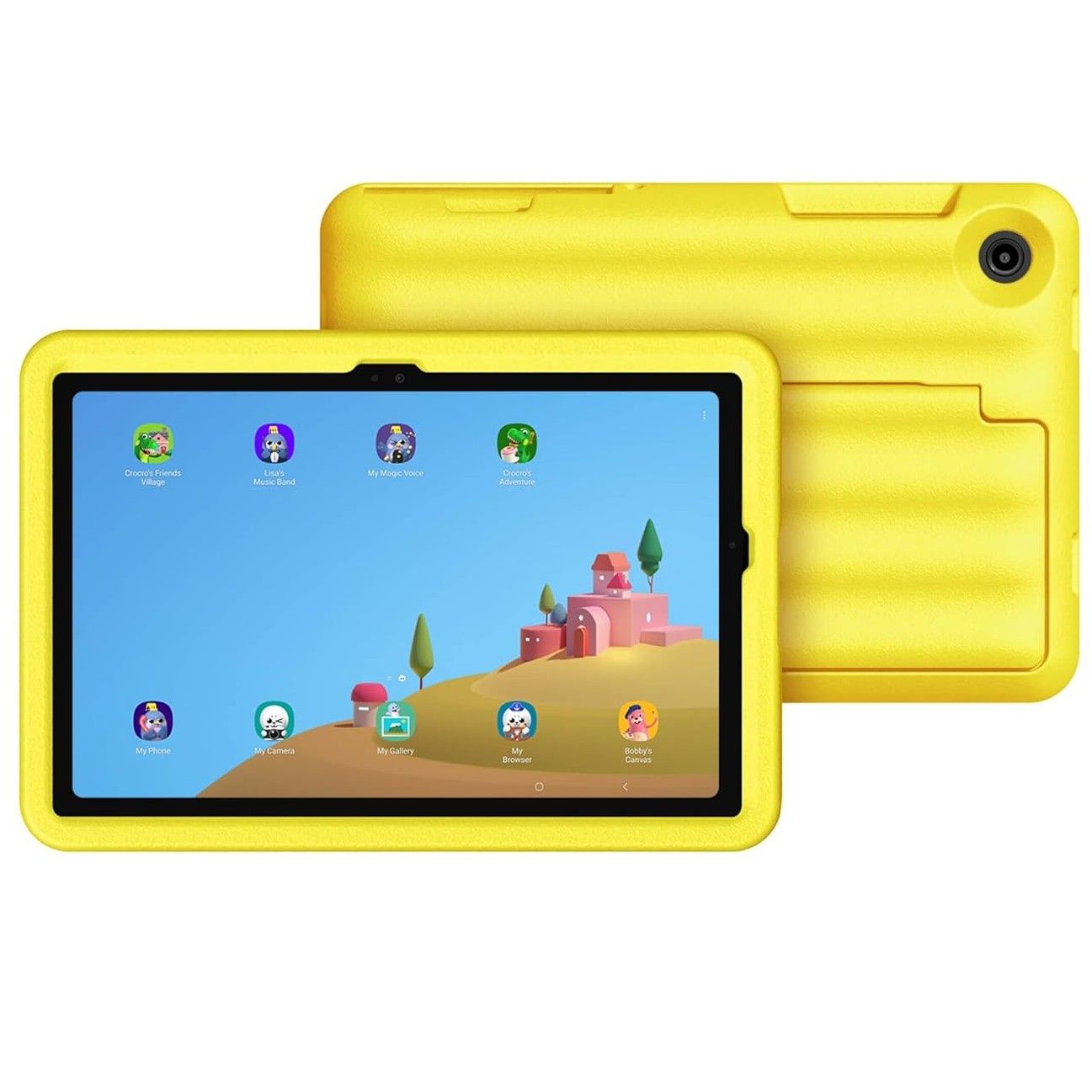 Um Samsung Tab A9+ Kids Edition em amarelo sobre fundo branco