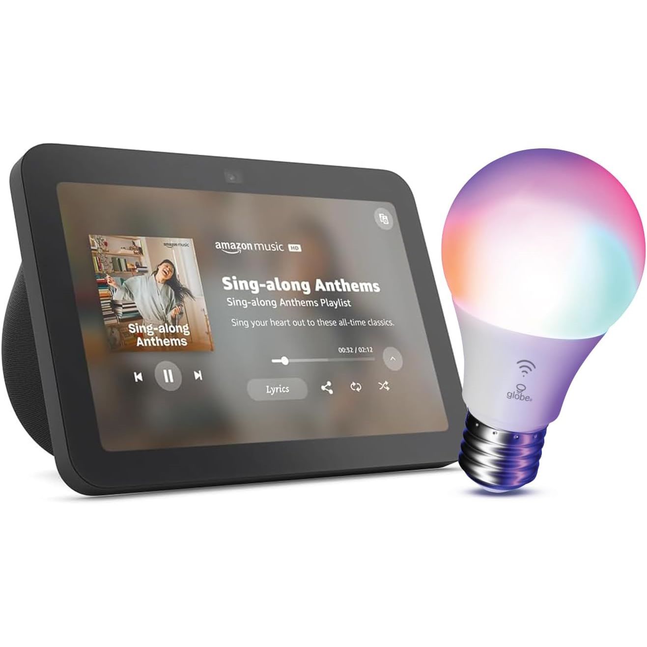 Amazon Echo Show 8 com Globe Electric Smart Bulb em fundo branco