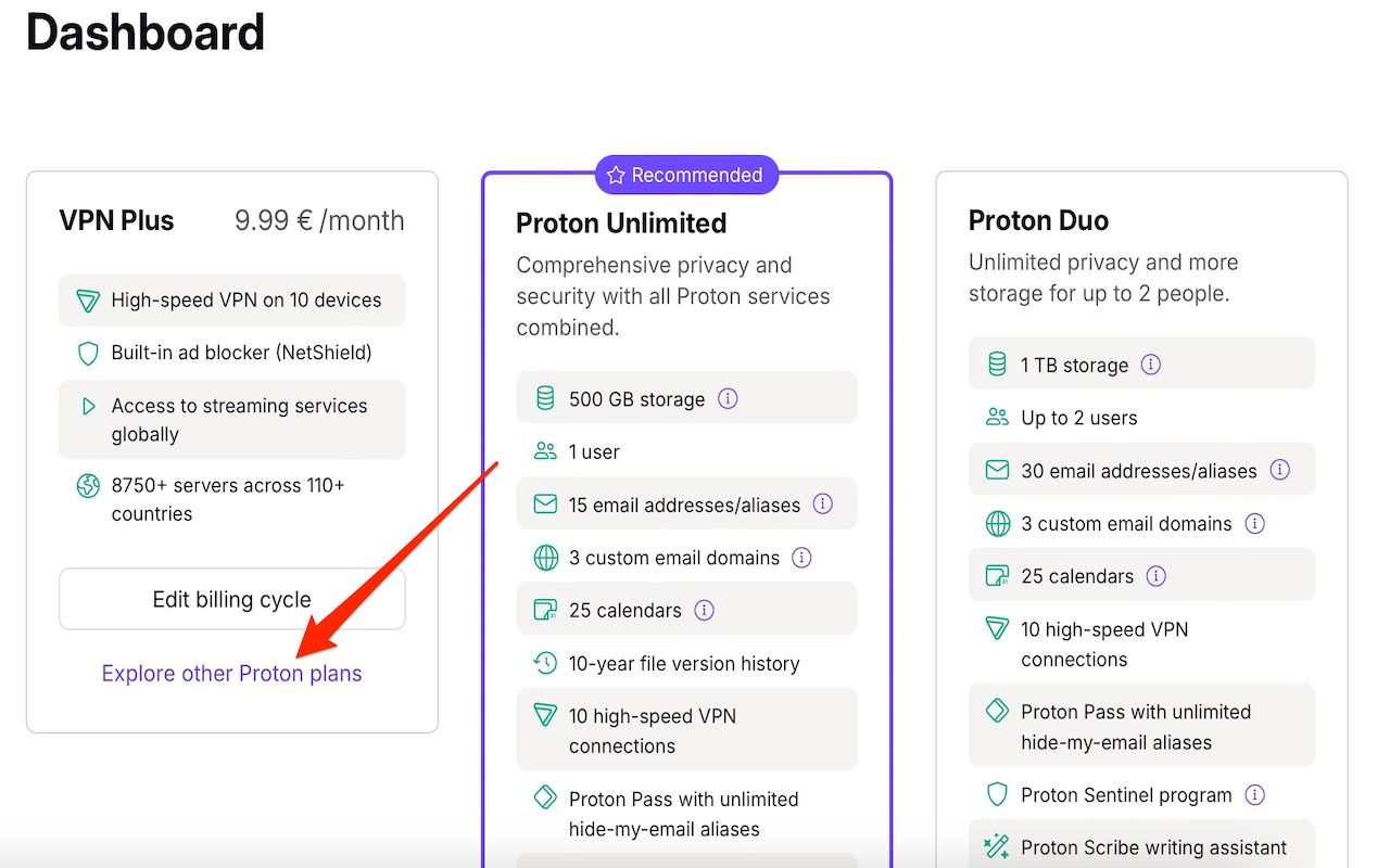 Visualizando planos Proton VPN no painel do site