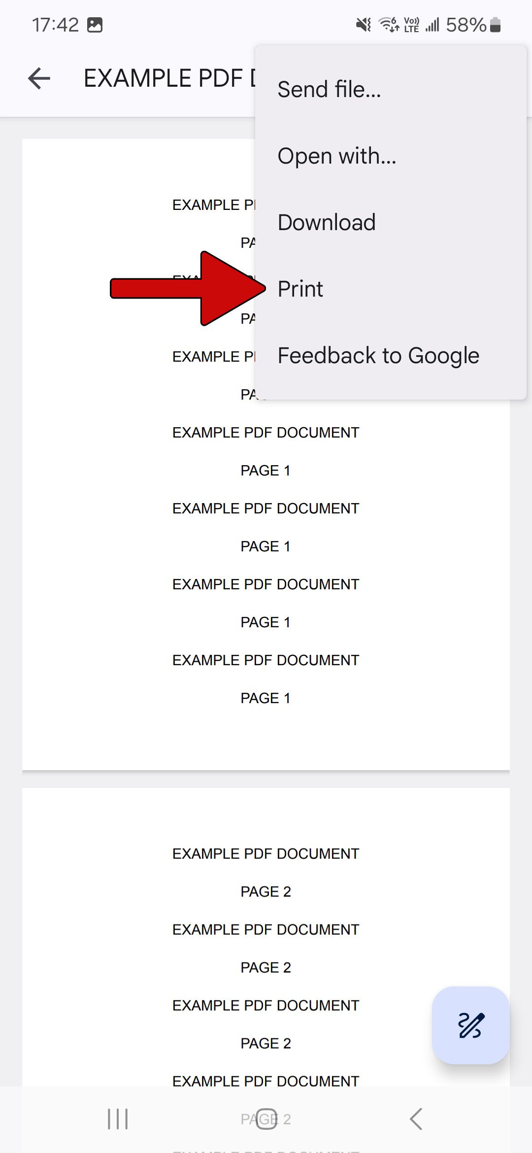 um documento aberto no aplicativo visualizador de PDF do Google Drive com o menu para baixo e uma seta vermelha apontando para o botão de impressão