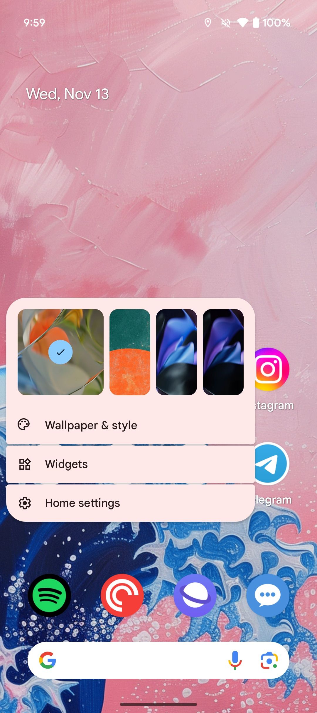 Menu no Pixel 9 Pro Fold mostrando papel de parede, widgets e opções de configurações iniciais