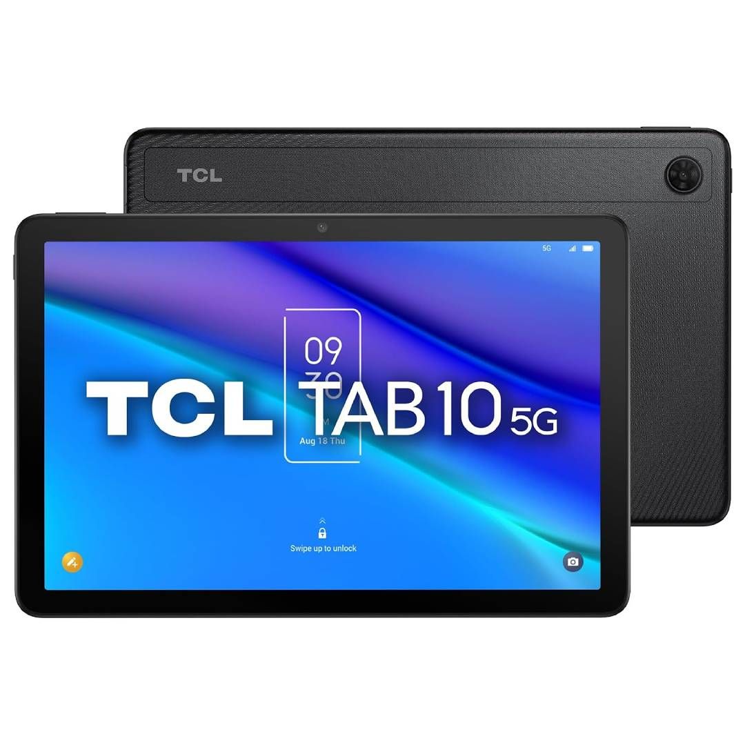 Uma renderização da frente do TCL Tab 10 5G e da parte superior traseira.