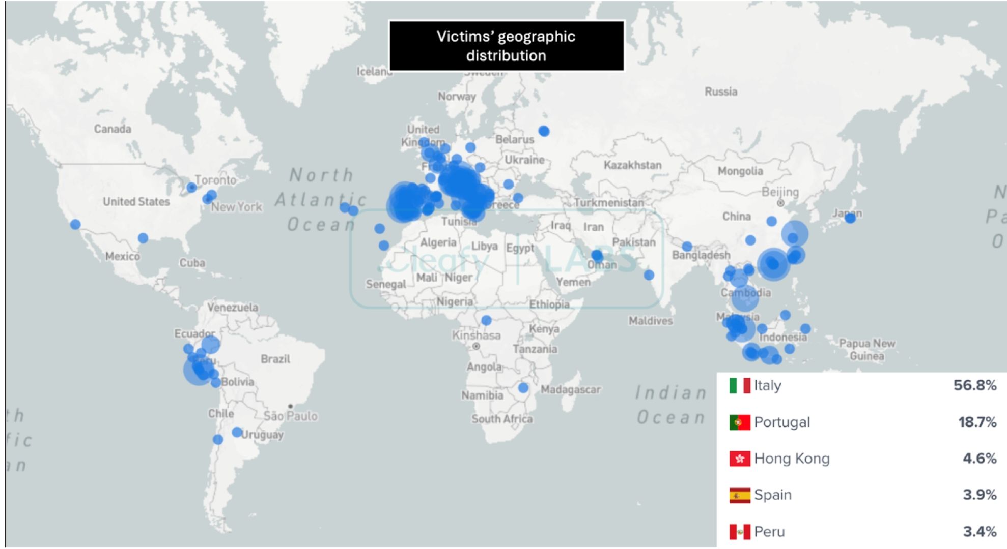 Um mapa do mundo mostrando a disseminação do ToxicPanda em dispositivos Android. 