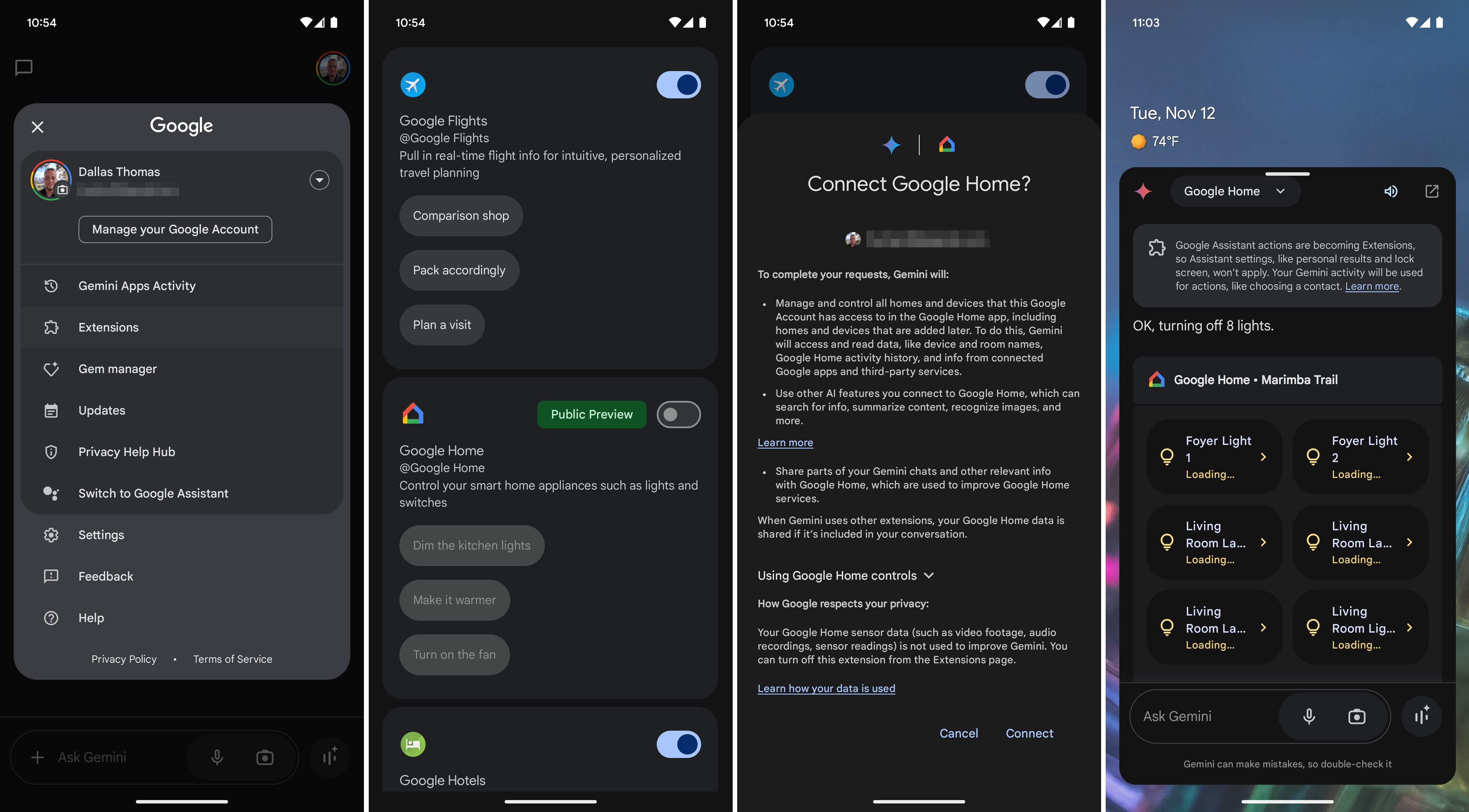 Capturas de tela da nova extensão Google Home da Gemini em ação.