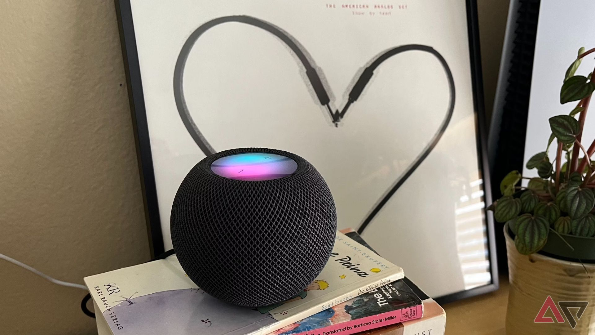 Um mini HomePod preto em cima de livros.