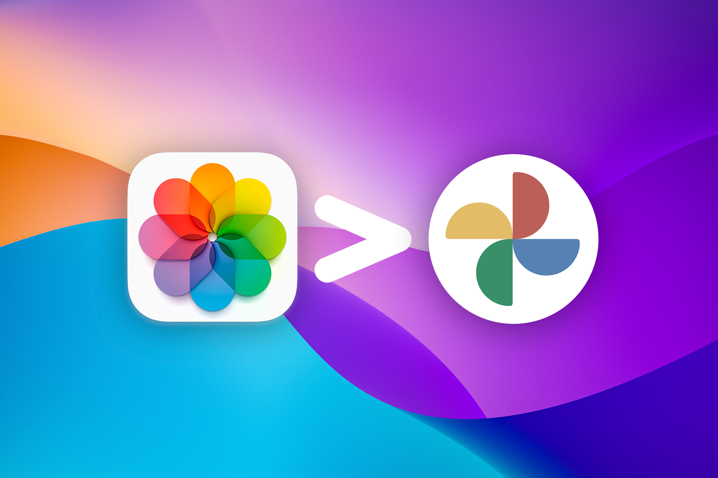 Um ícone do Apple Photos, seguido do símbolo maior que e do ícone do Google Fotos