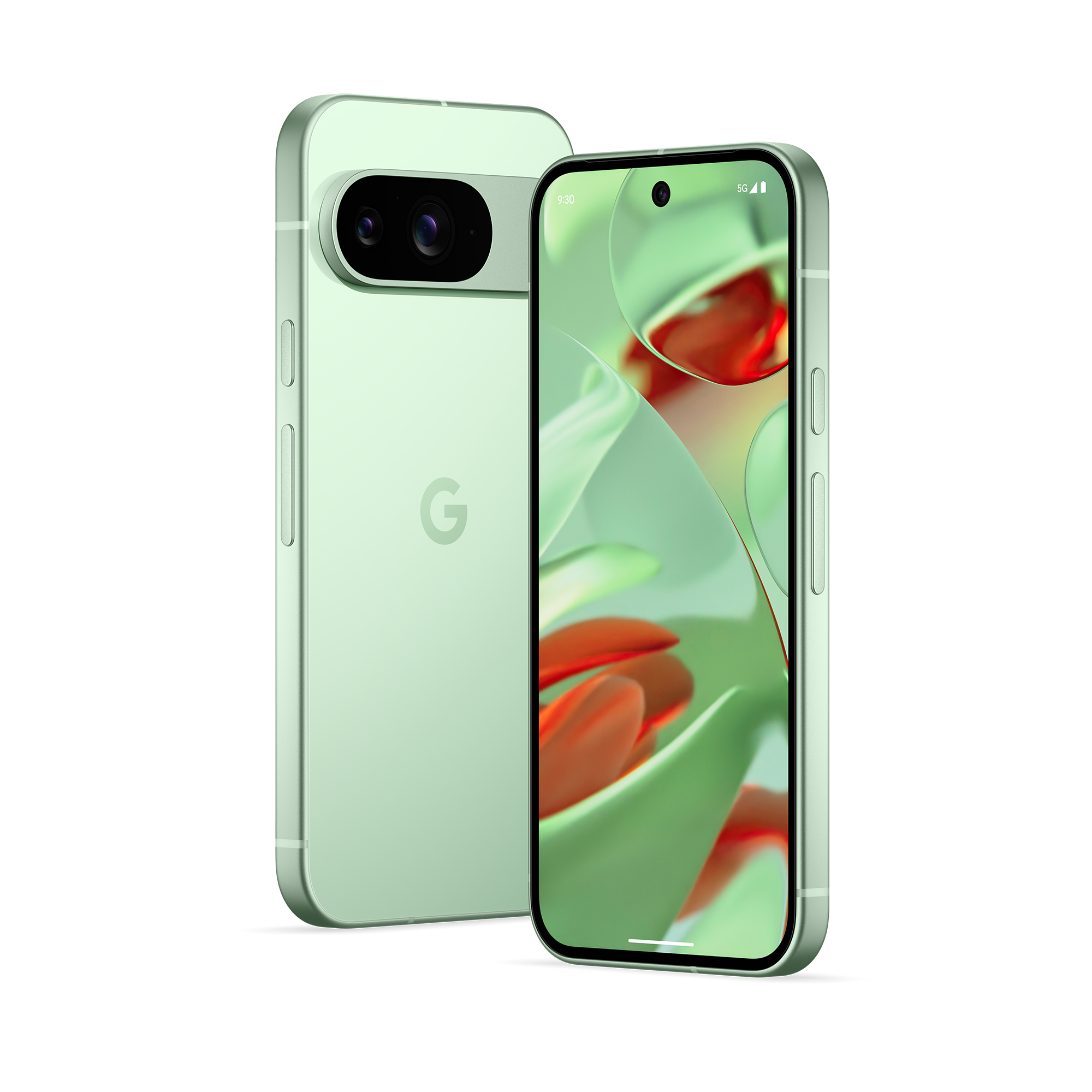 Uma renderização do Google Pixel 9 em Wintergreen contra um fundo branco.