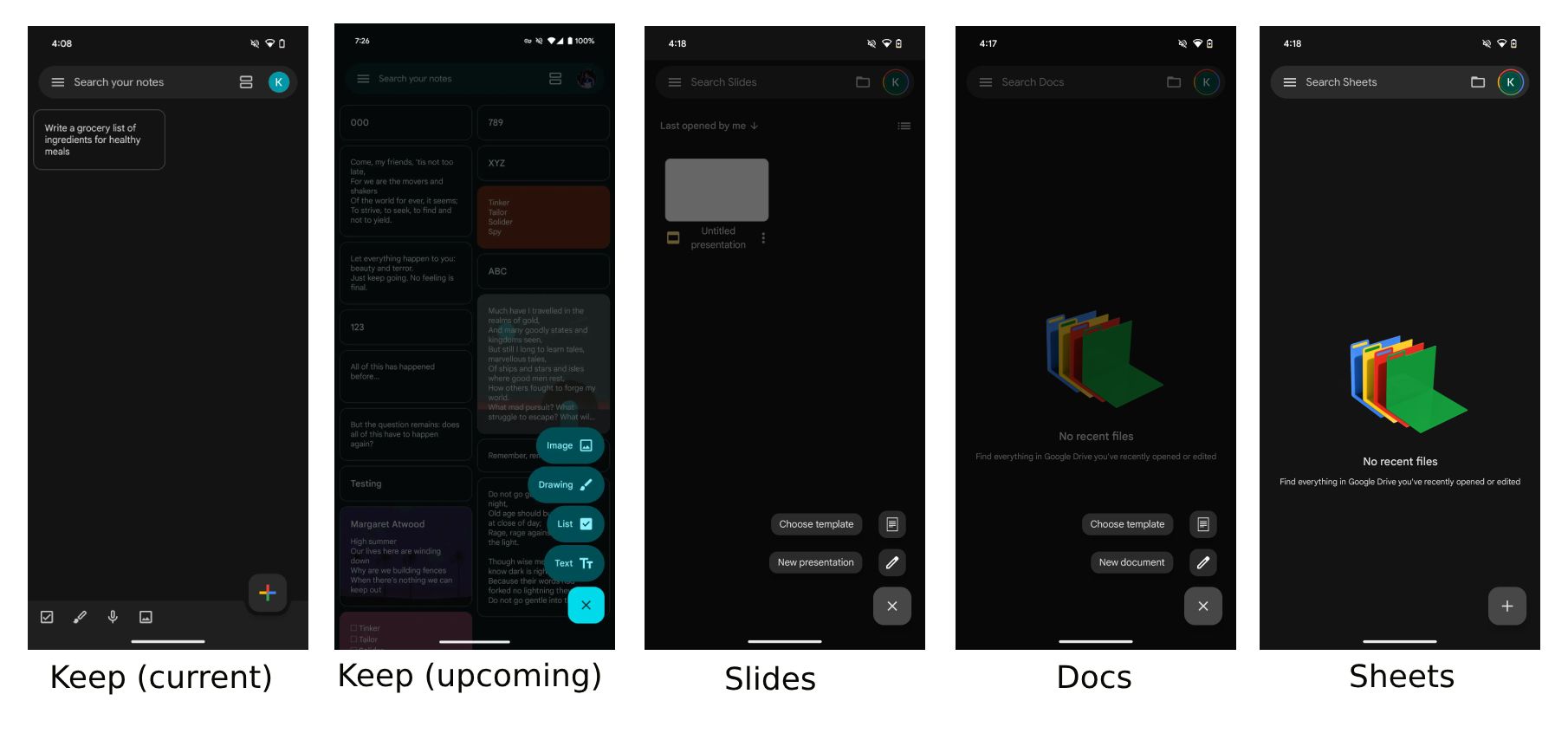 Capturas de tela da IU atual e futura do Google Keep, junto com capturas de tela do Apresentações, Documentos e Planilhas.