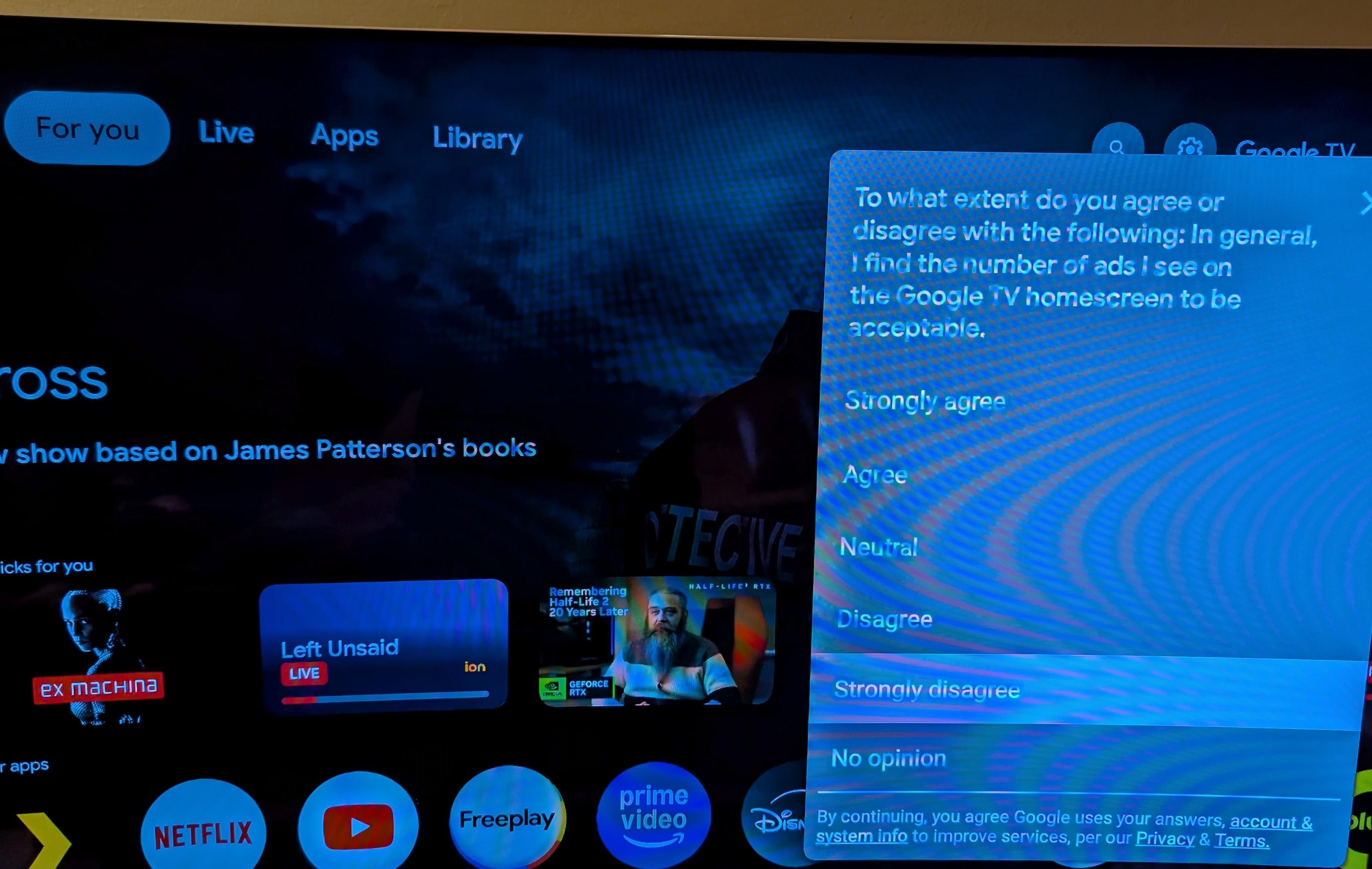 Uma captura de tela da pesquisa do Google TV na televisão de um usuário do Reddit.