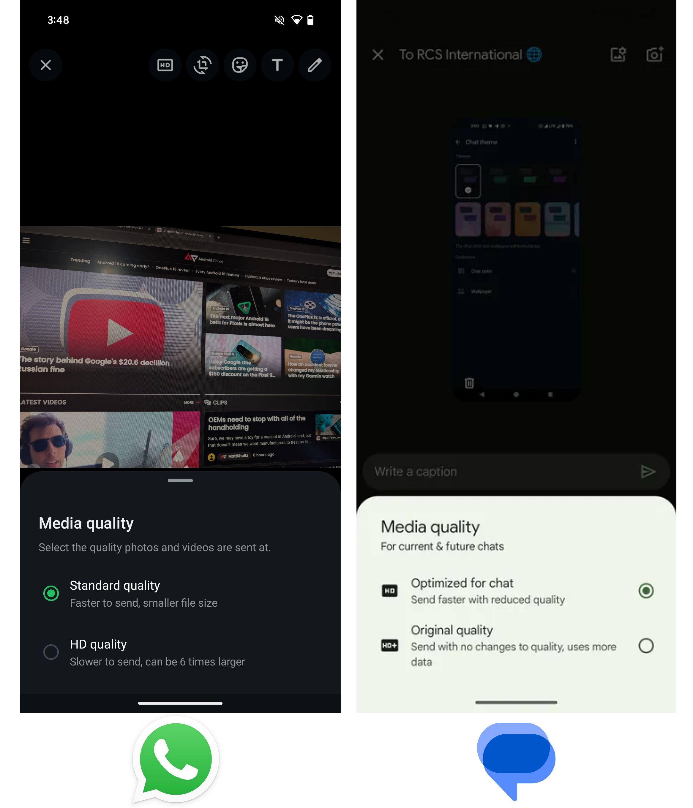 Capturas de tela da interface do WhatsApp e do Google Mensagens para selecionar a qualidade da mídia ao enviar uma imagem.