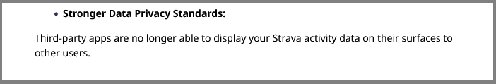Captura de tela do Strava mostrando que ele não oferecerá mais suporte a aplicativos de terceiros por meio de sua API
