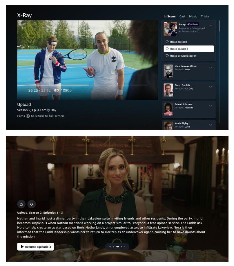 Capturas de tela do novo recurso X-Ray Recap do Amazon Prime Video.