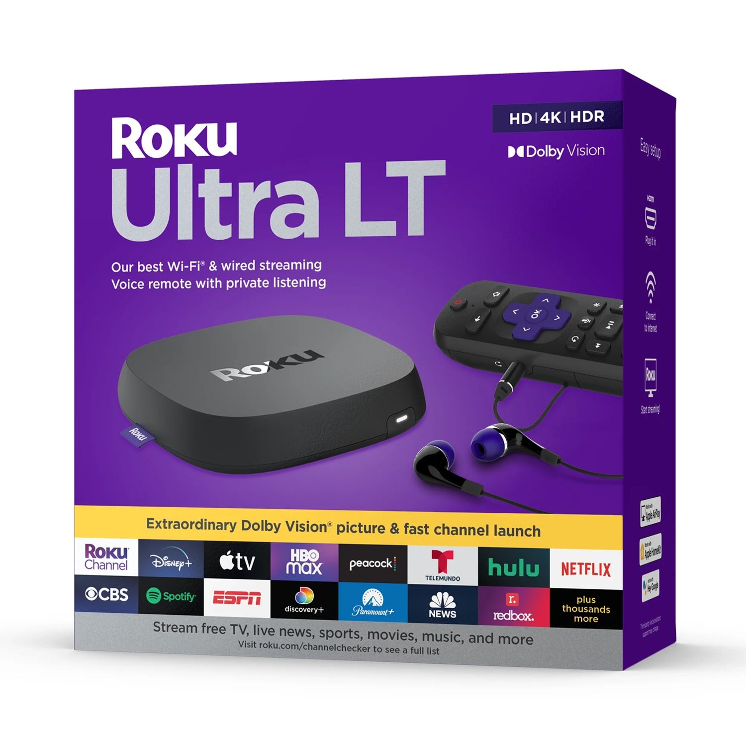 A embalagem do Roku Ultra LT contra um fundo branco.