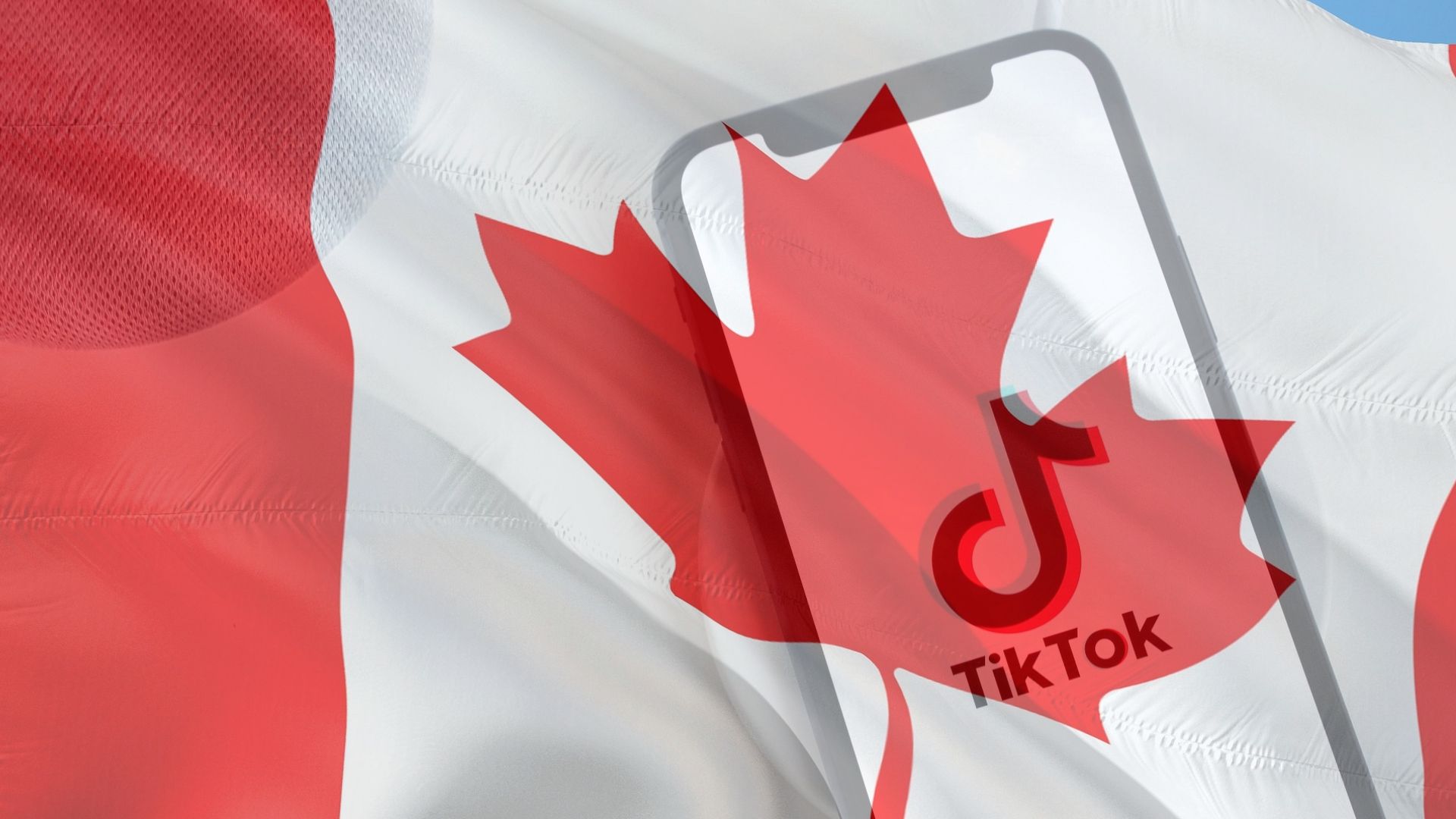 Uma bandeira canadense com o logotipo do TikTok desaparecendo no fundo.