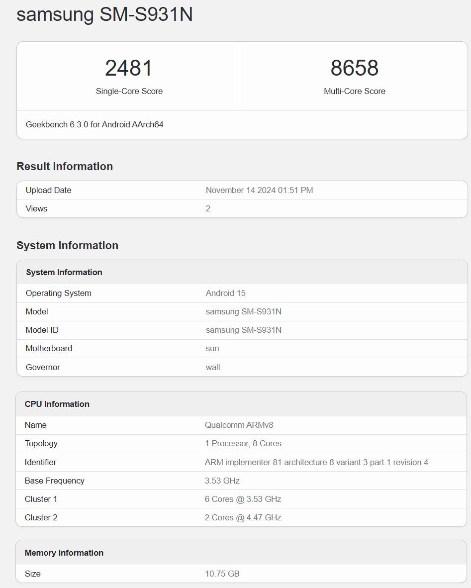 Uma captura de tela de um pré-lançamento da lista do Galaxy S25 Geekbench