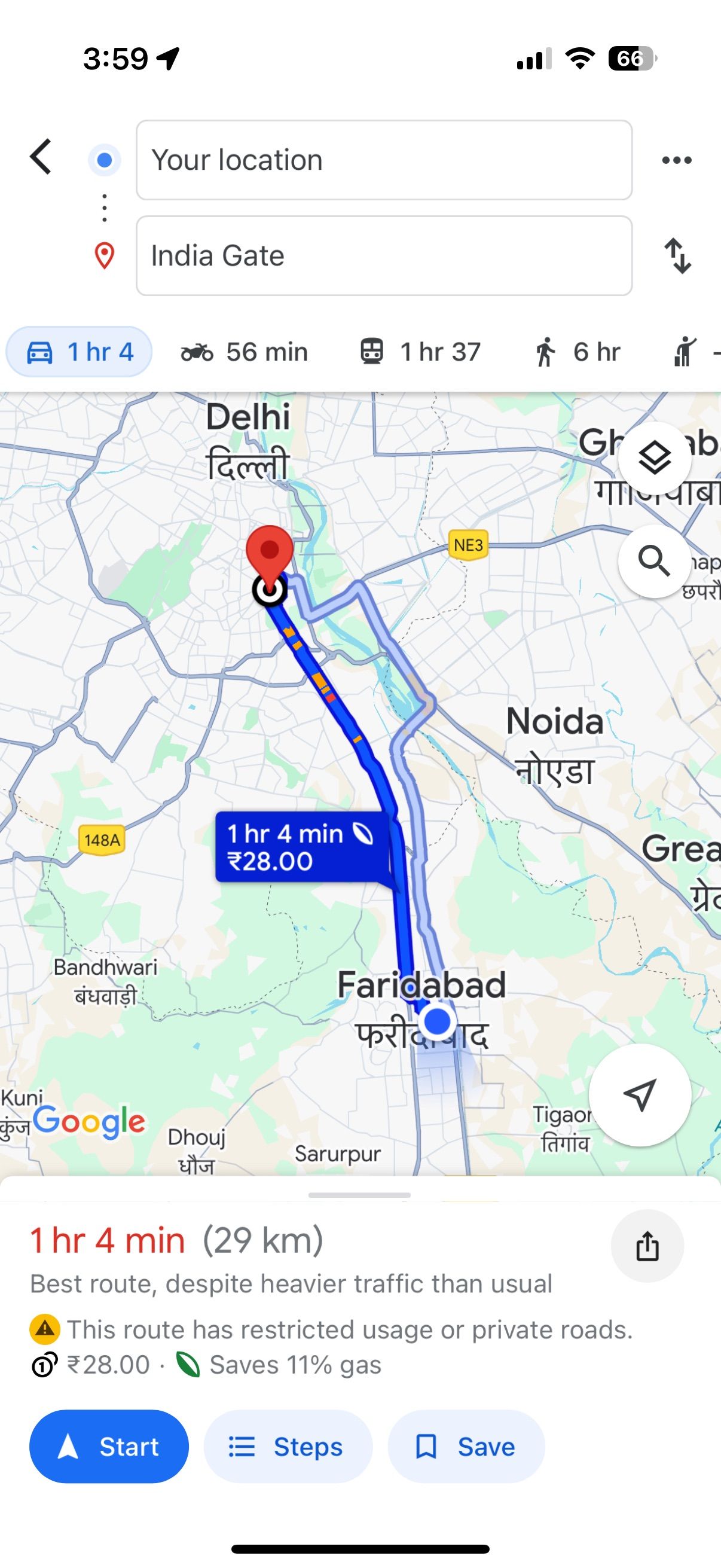 Google Maps mostrando rota para India Gate