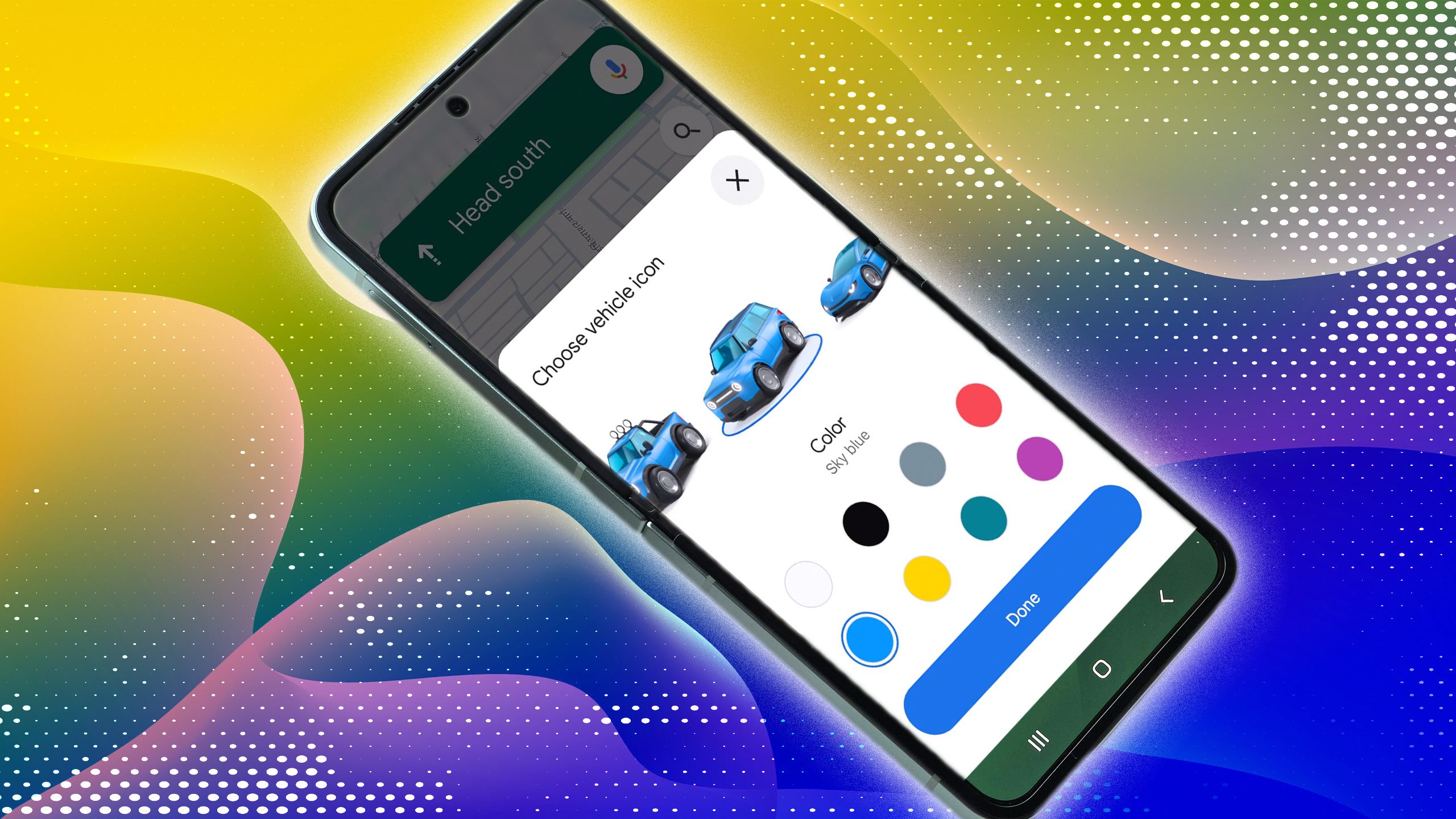 Um telefone Android com opções de cores de veículos do Google Maps na tela contra um fundo multicolorido