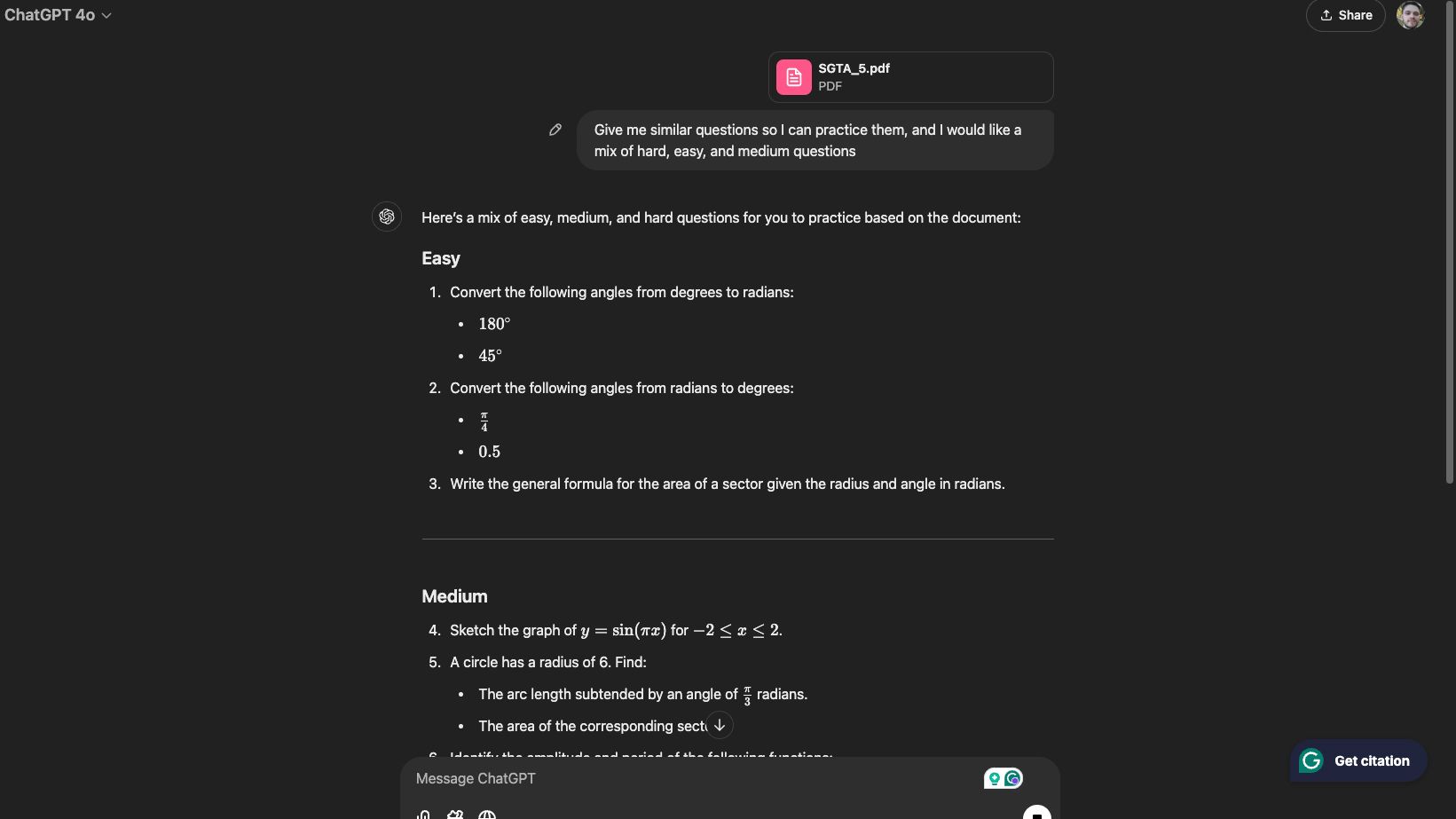 Conjunto de perguntas práticas gerado pelo ChatGPT com níveis fácil, médio e difícil de acordo com um PDF fornecido pelo usuário