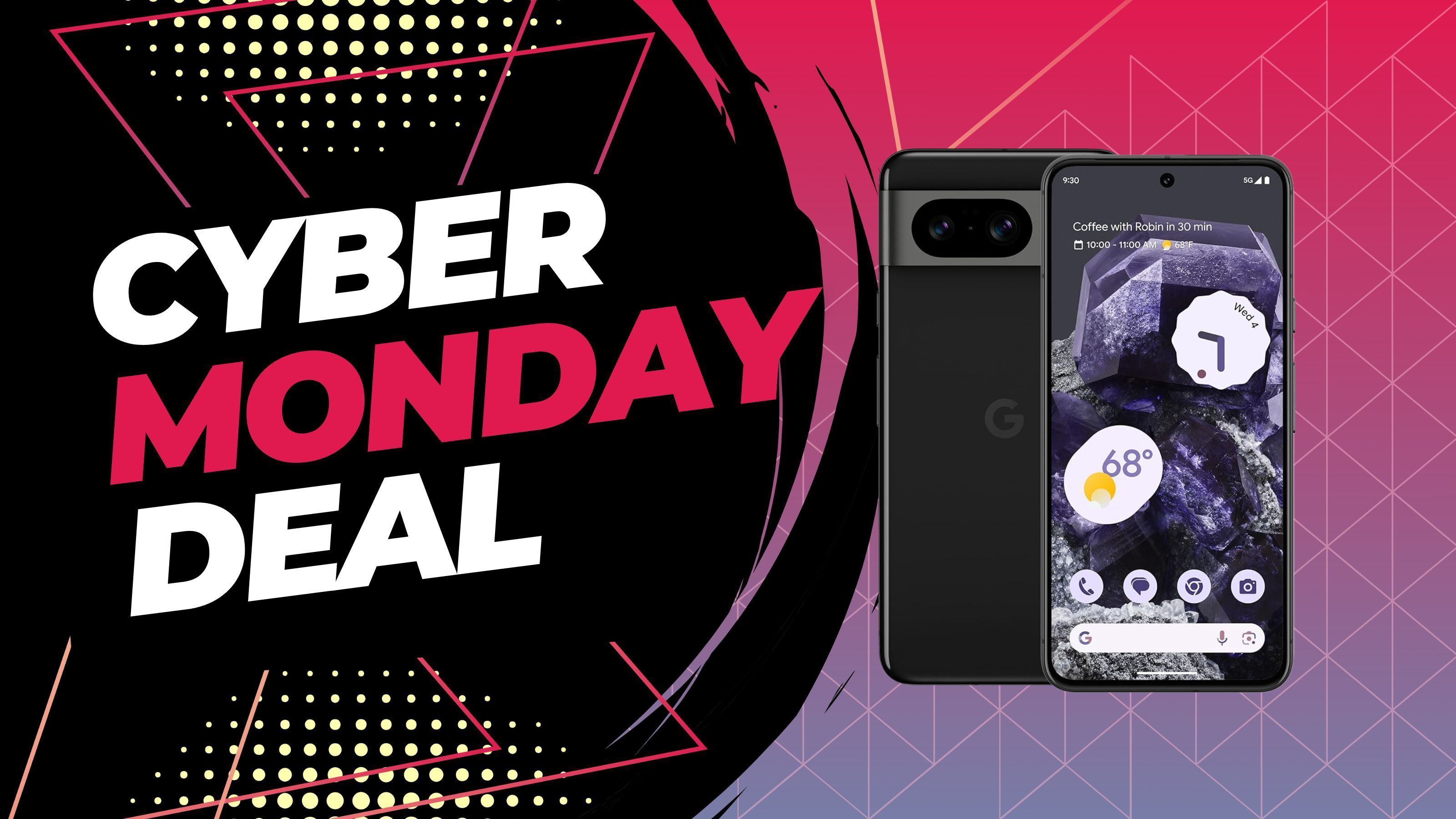 Uma foto do Pixel 8 ao lado do logotipo ‘Cyber ​​Monday Deal’