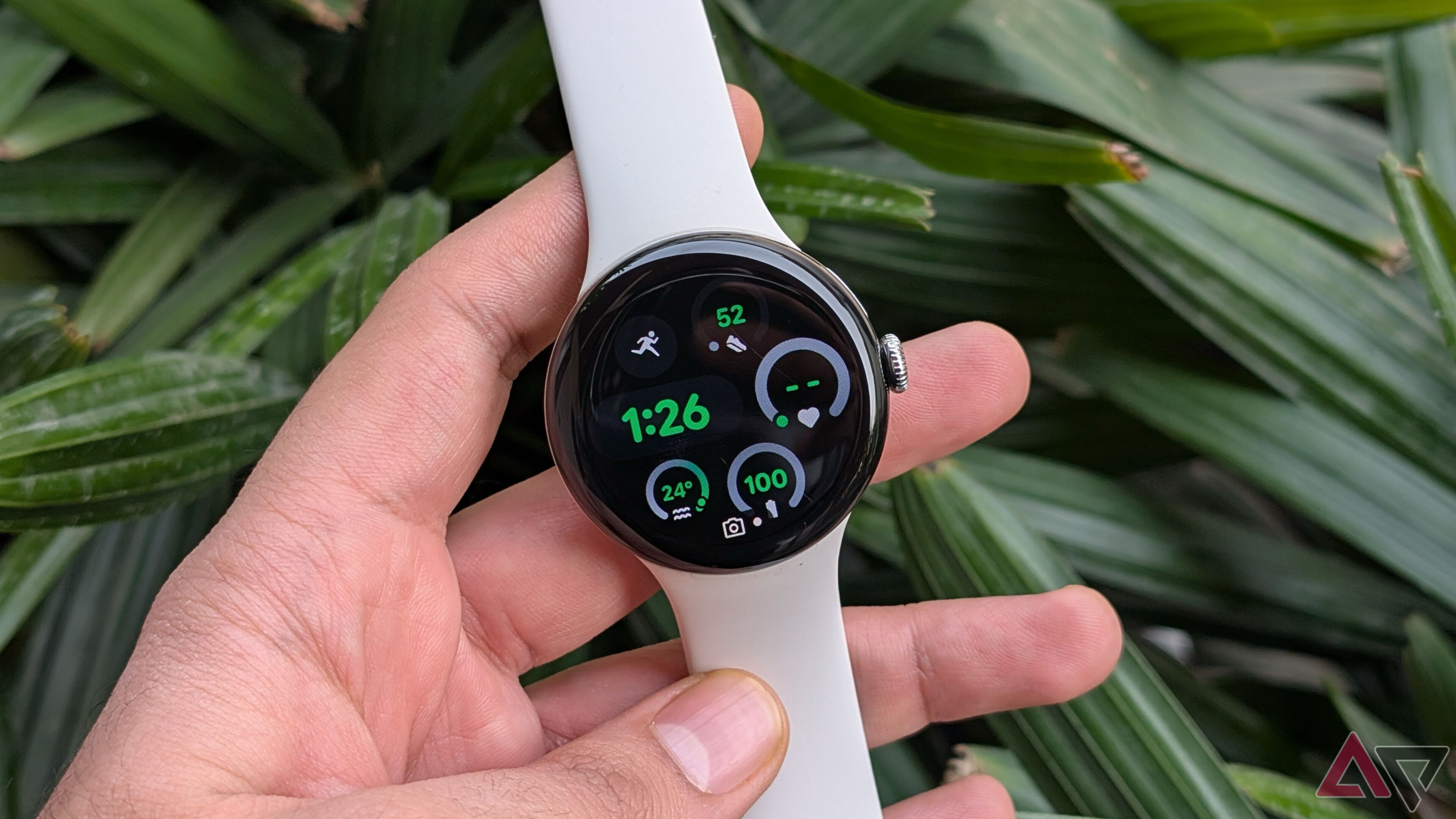 Google Pixel Watch 3 em mãos em frente a plantas verdes