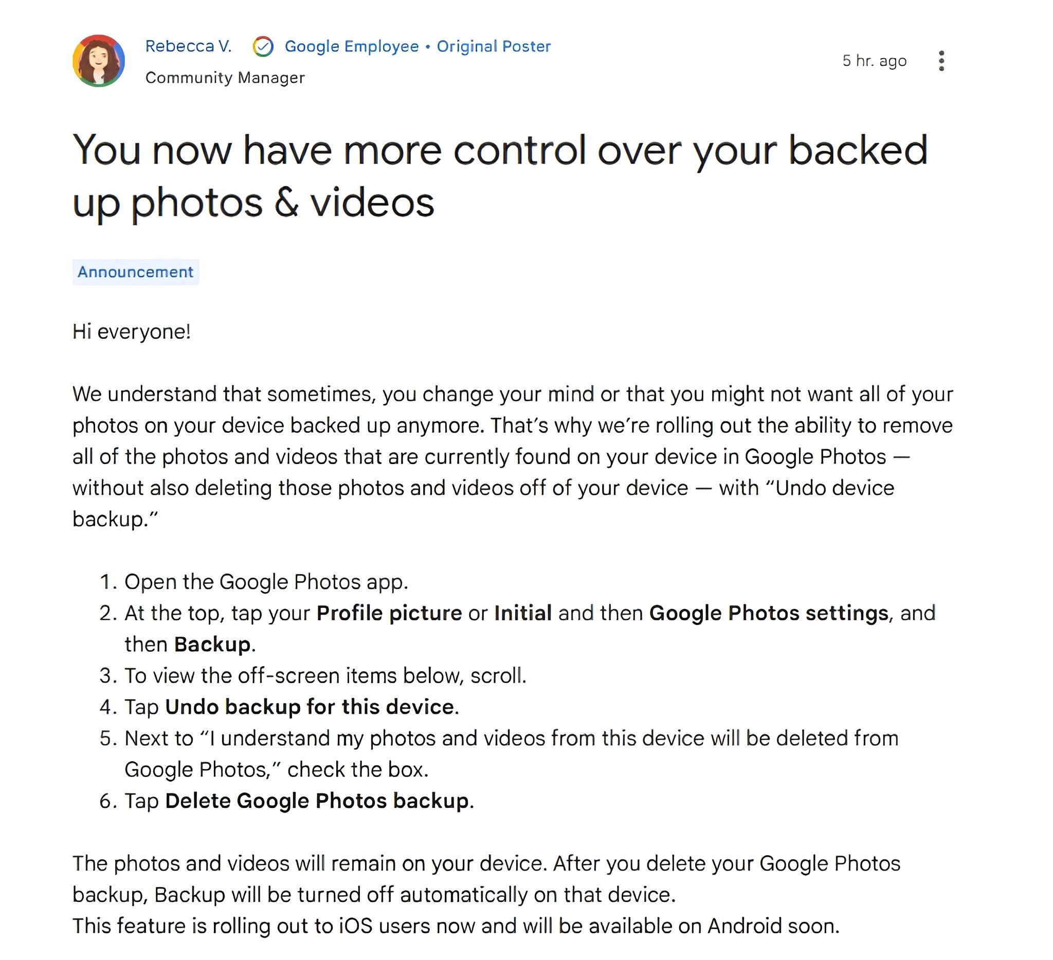 Uma captura de tela do anúncio sobre o novo recurso de desfazer backup do fórum de suporte do Google.