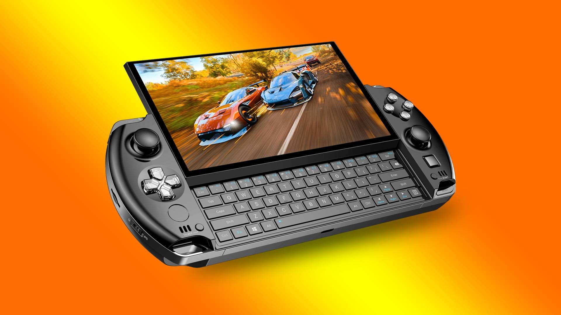 Uma renderização do GPD Win 4 em um fundo amarelo e laranja